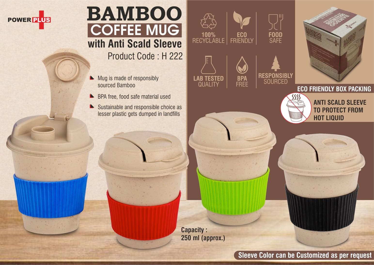 Bamboo Coffee mug: Eco friendly mug with flip top Lid and Anti- Scald sleeve