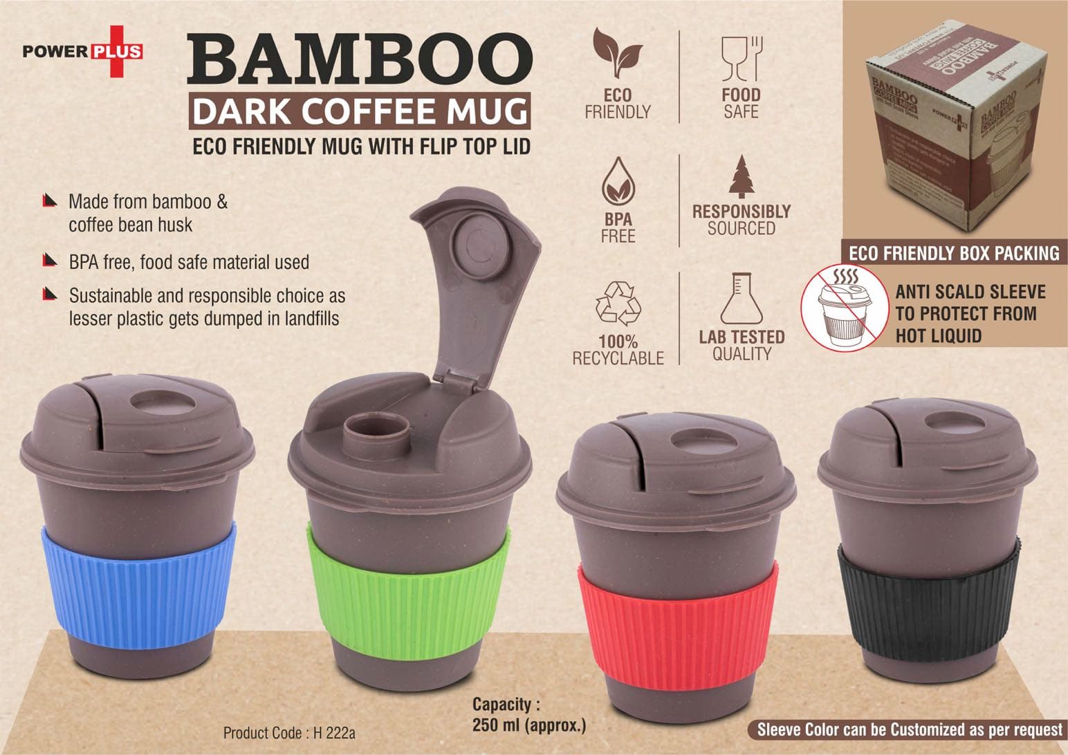 Bamboo Dark Coffee mug: Eco friendly mug with flip top Lid and Anti-Scald sleeve