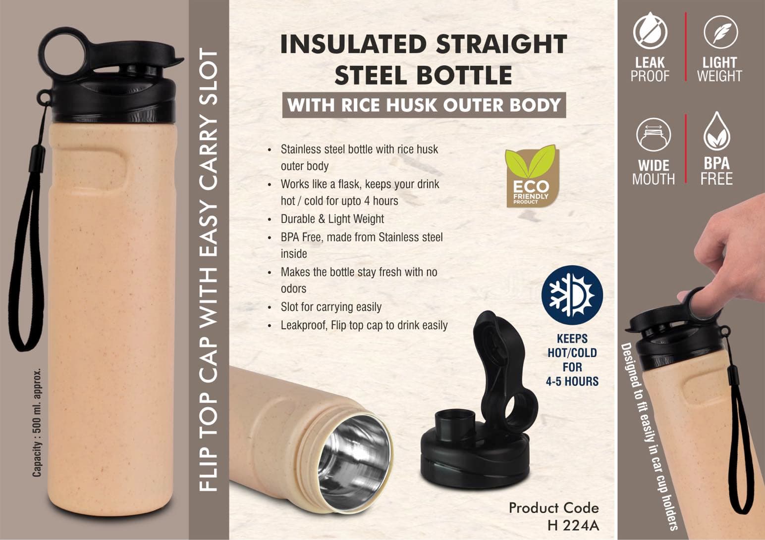 Insulated Straight Steel bottle with Rice husk outer body