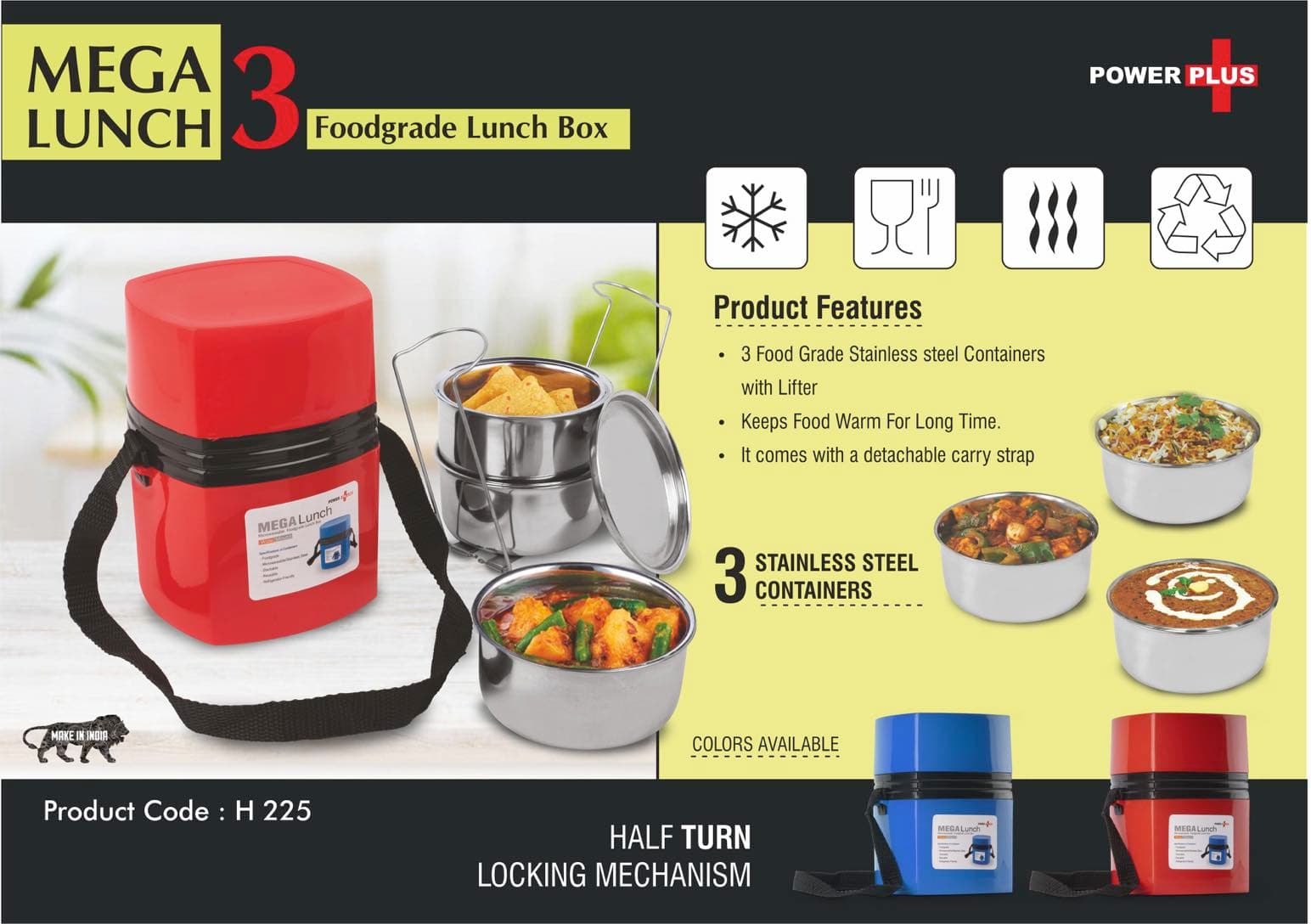 Power Plus Mega Steel Lunch Box- 3 Stainless steel containers with lifter