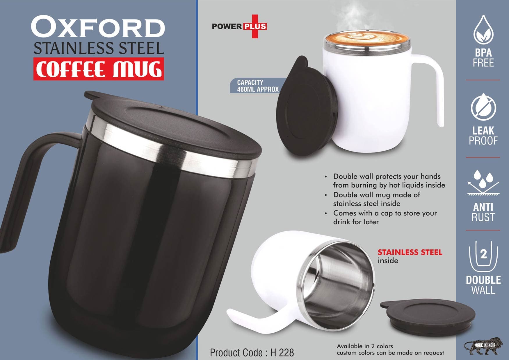 Oxford: Stainless Steel Double wall Coffee mug with Round handle