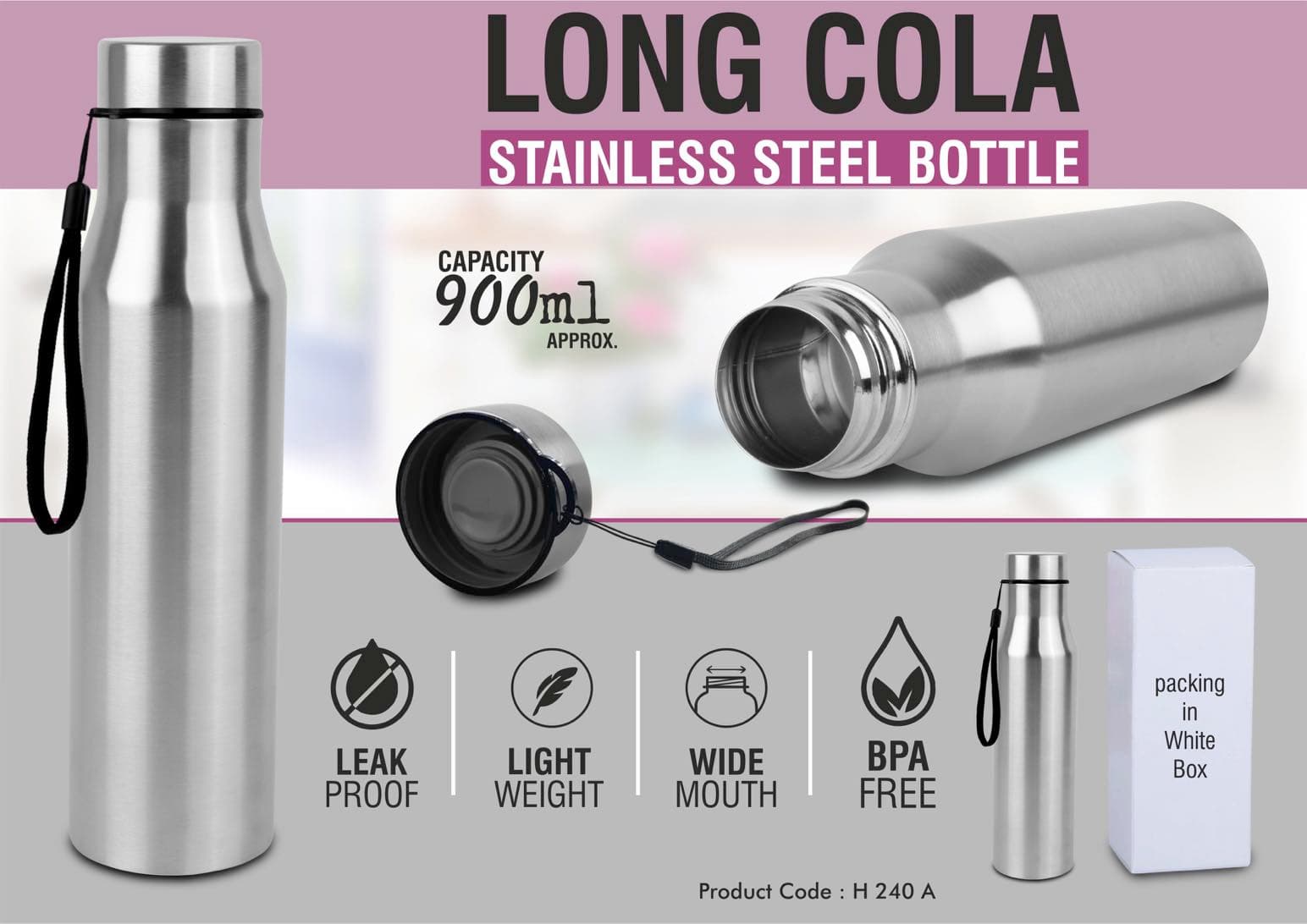Long cola stainless steel single wall bottle with carry strap