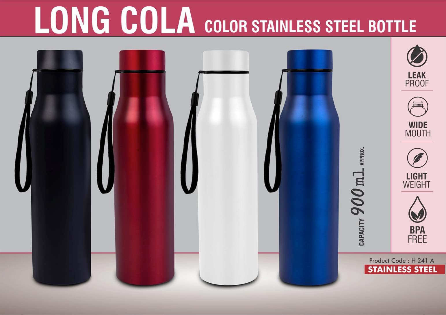 Long Cola Colored Stainless steel single wall bottle