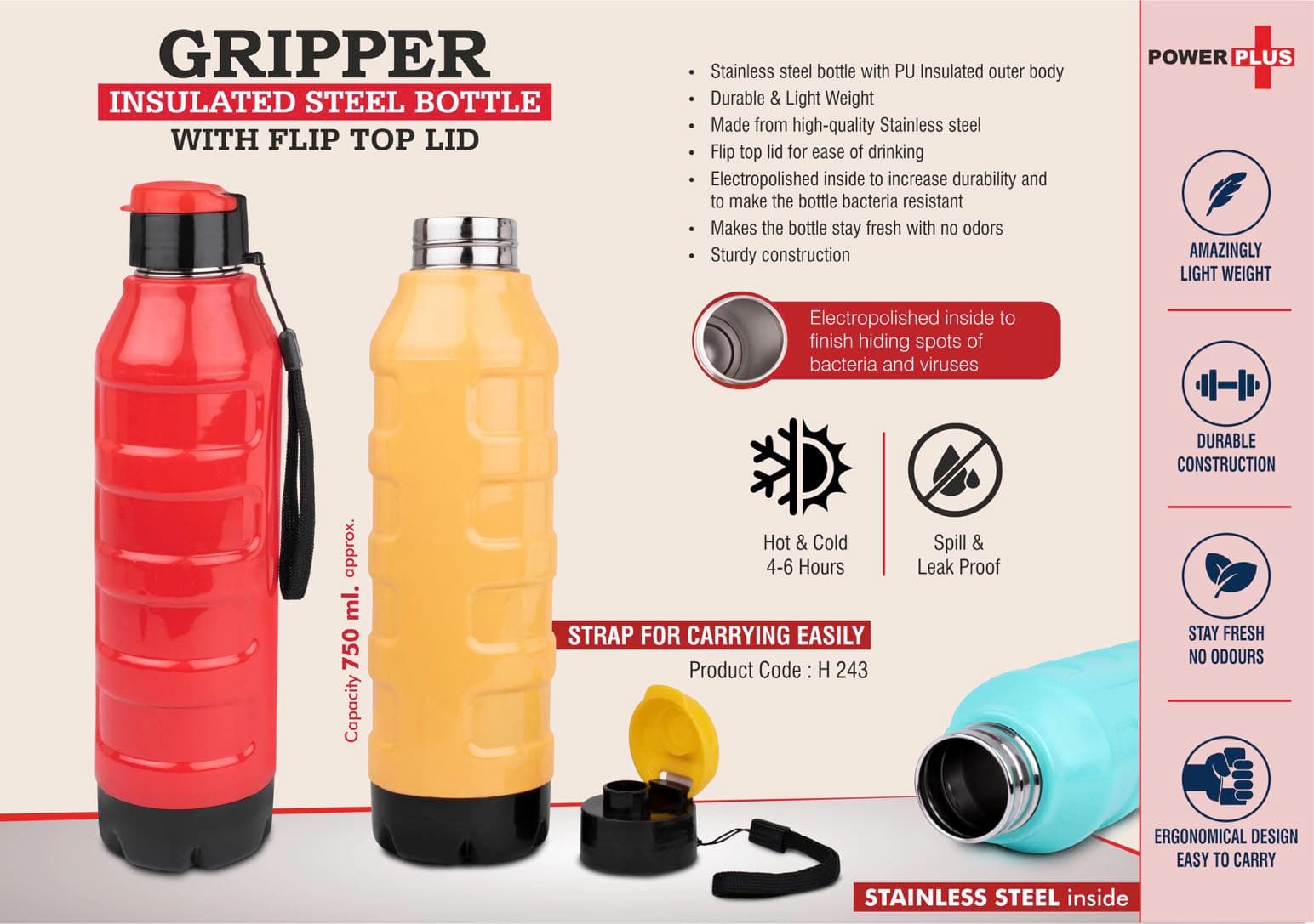 Gripper: Insulated Steel Bottle with Flip top lid