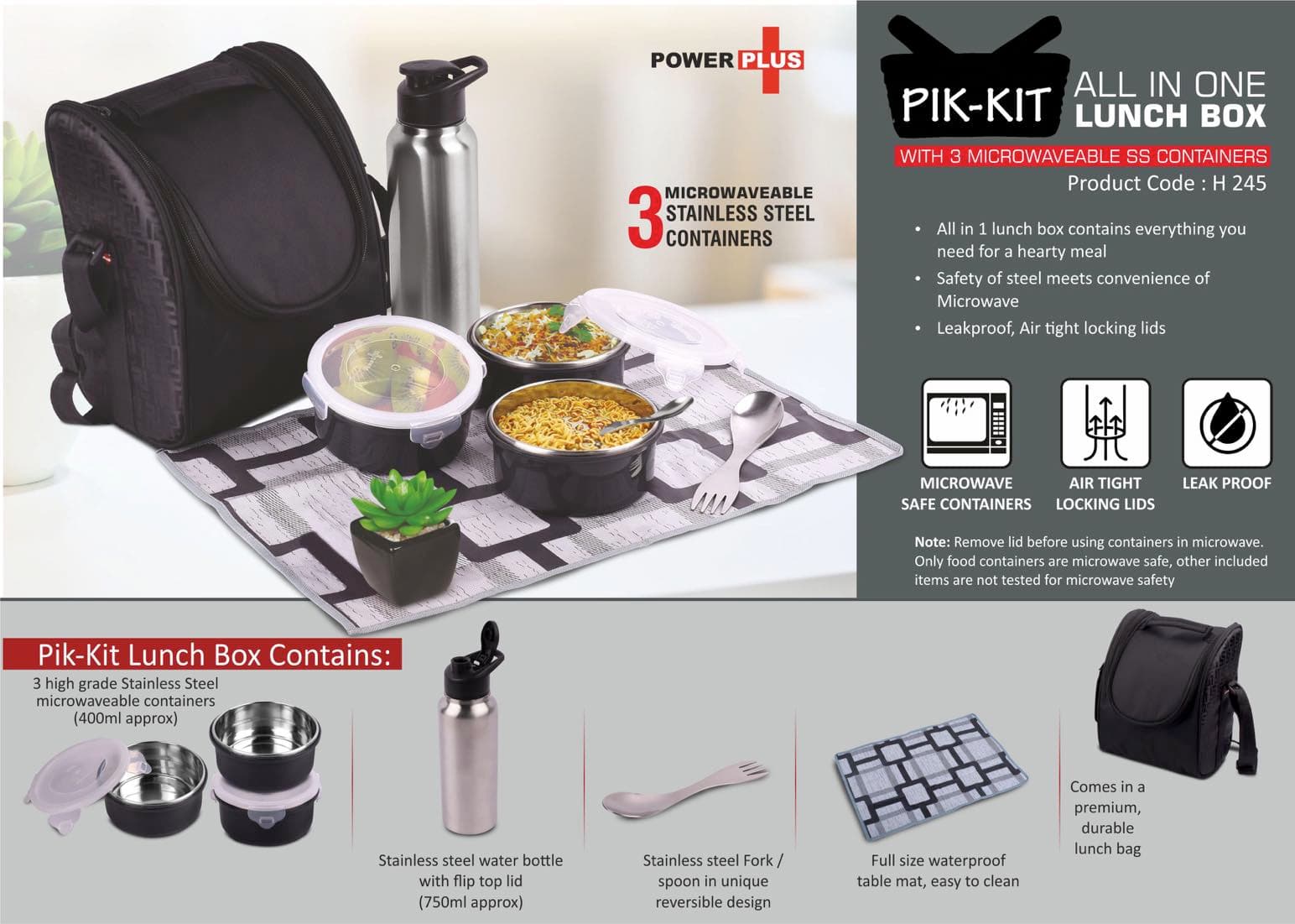 PIK-KIT: All in 1 Lunch box with 3 Microwaveable Steel containers