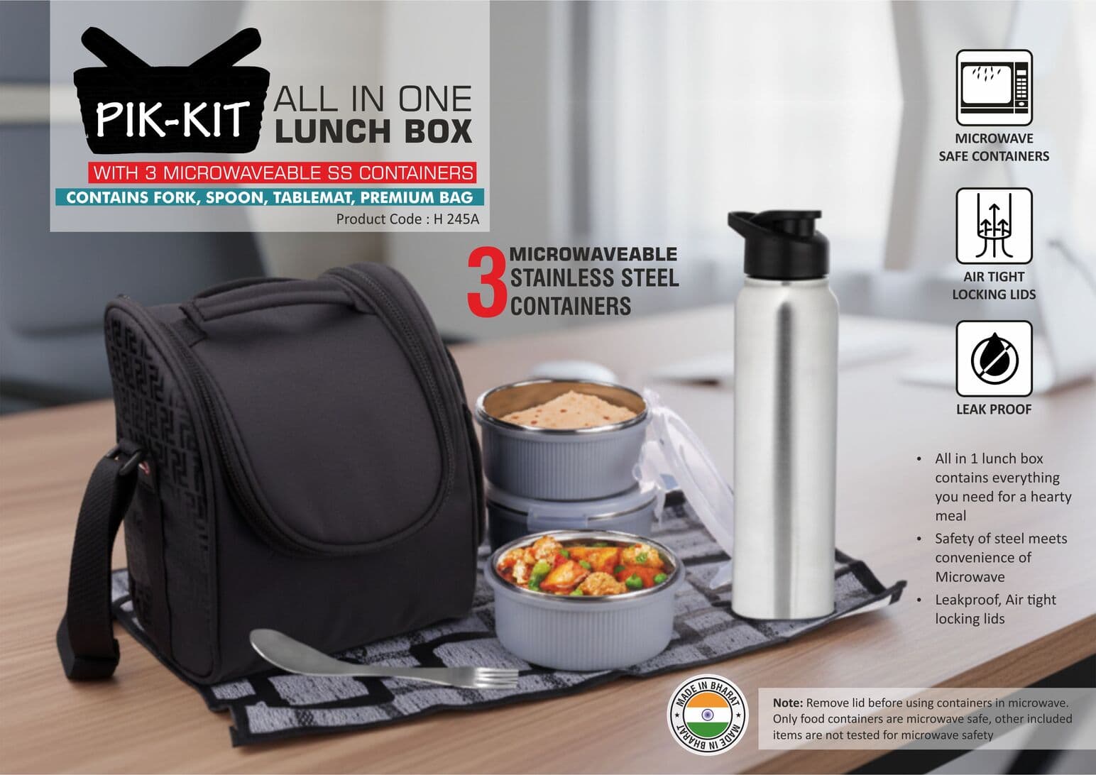 PIK-KIT: All in 1 Lunch box with 3 Microwaveable Steel containers