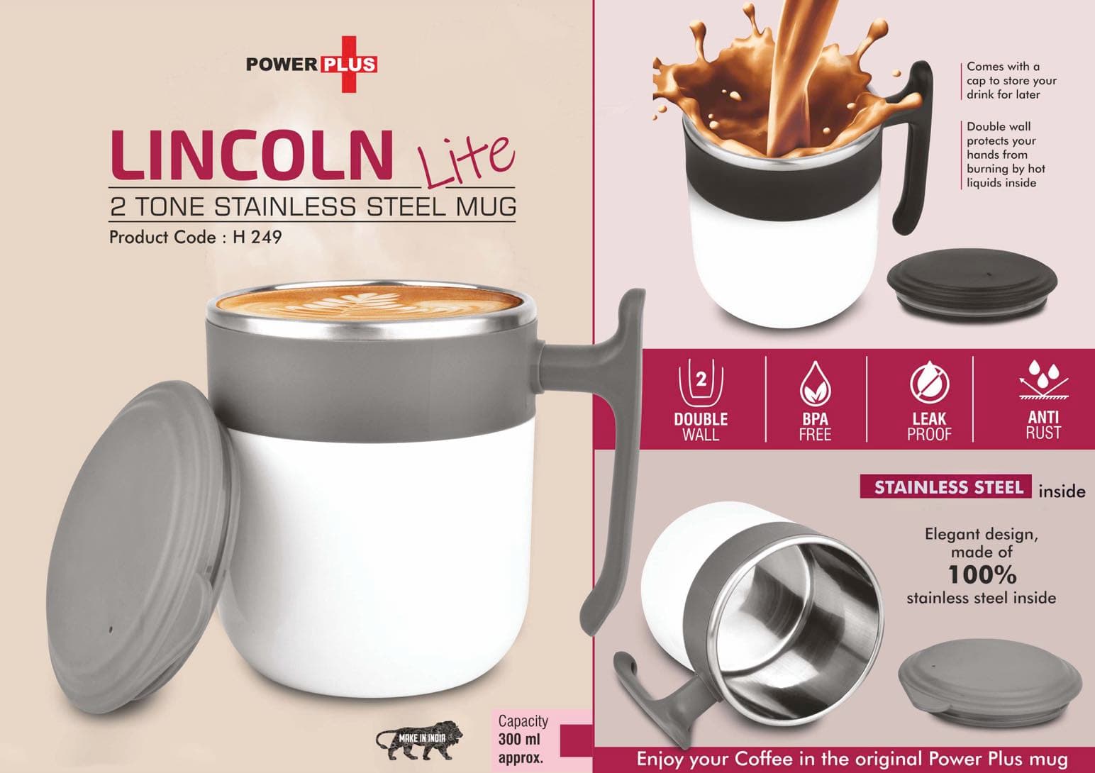 Lincoln Lite: 2 Tone Stainless steel Mug with Lid