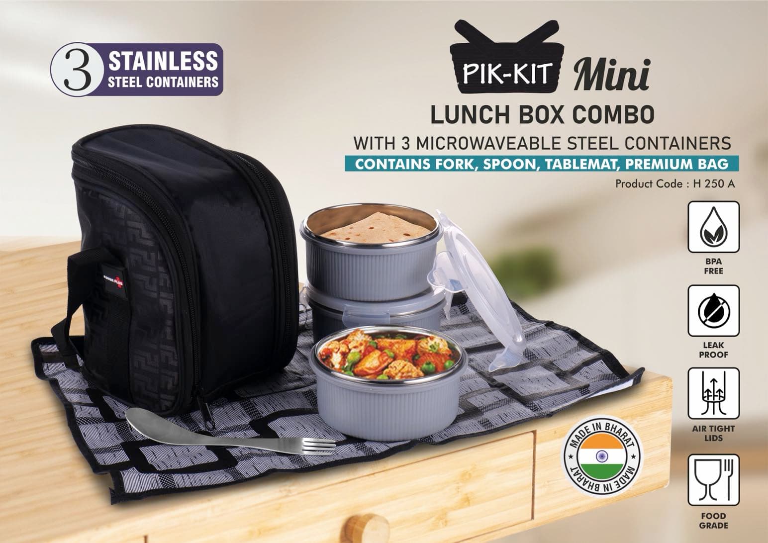 PIK-KIT mini: Lunch box combo with 3 Microwaveable Steel containers