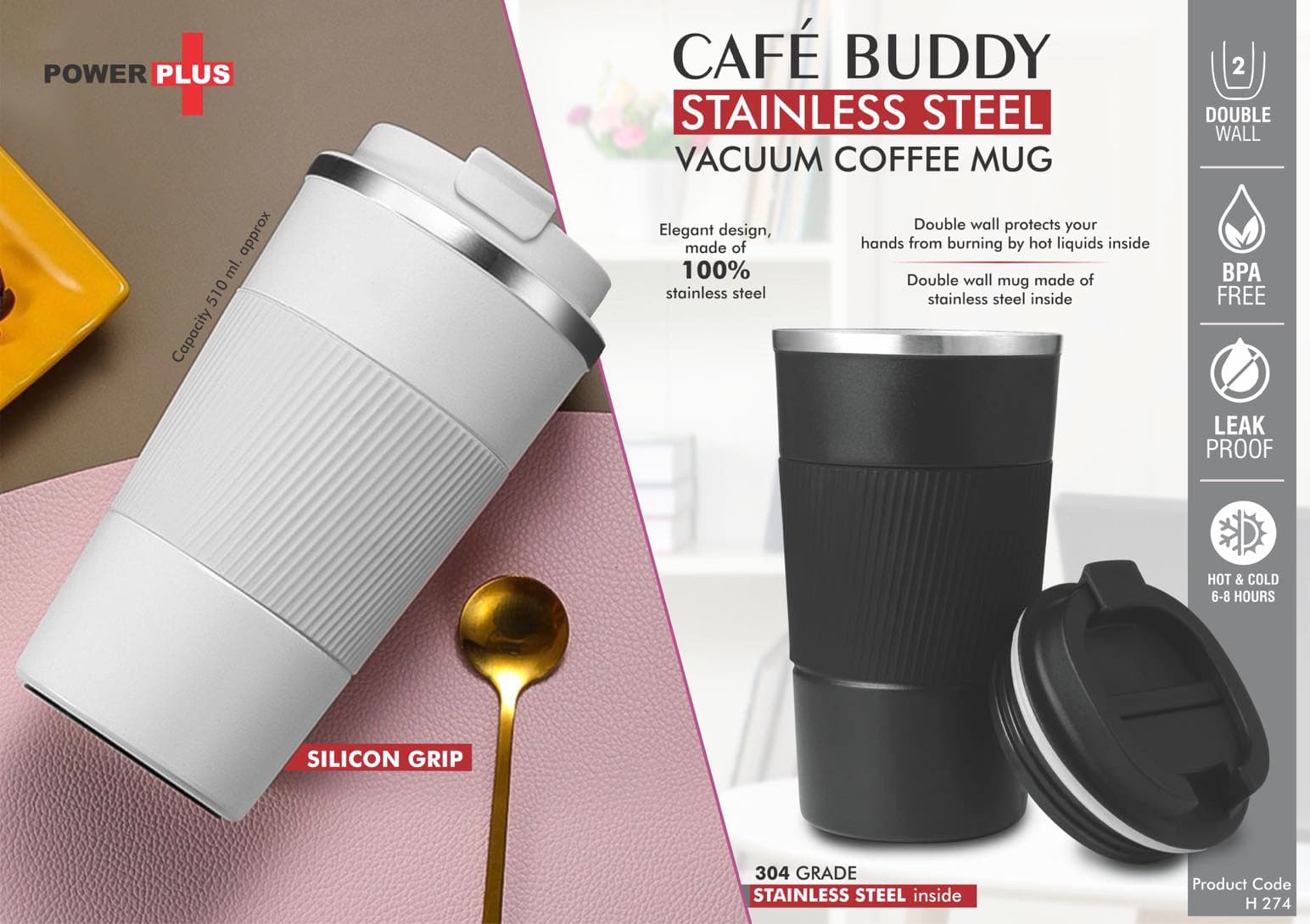 Cafe Buddy: Stainless Steel Vacuum coffee mug with Silicon Grip