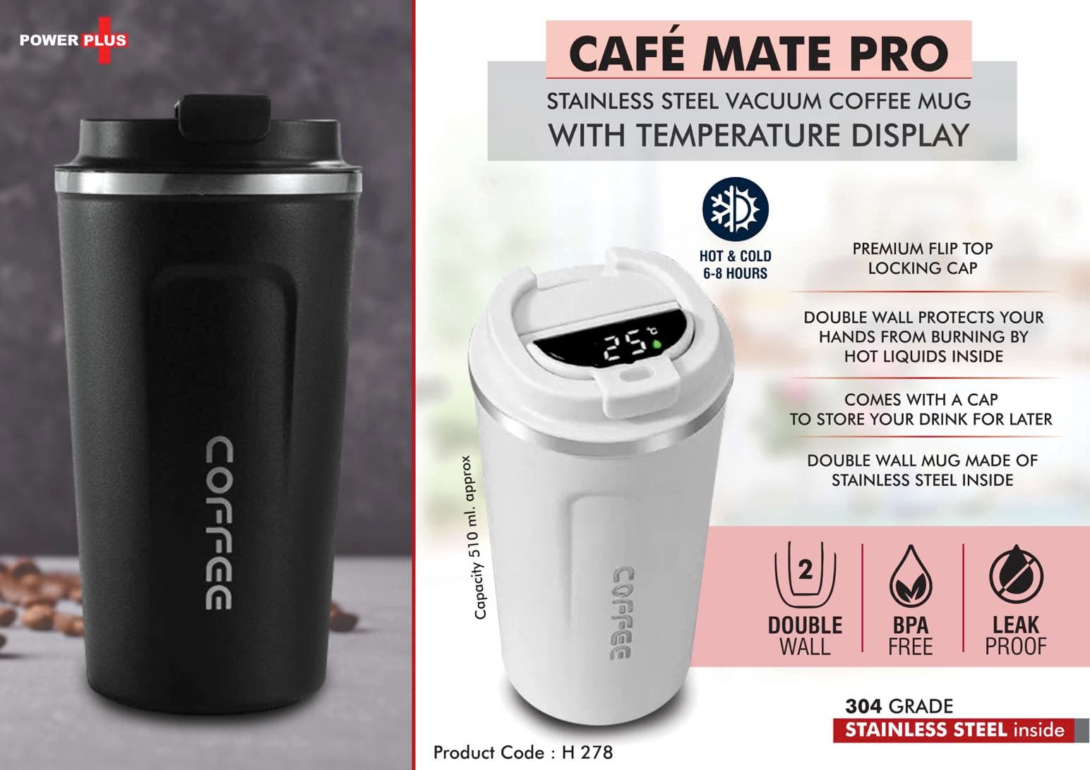 Cafe Mate Pro: Stainless Steel Vacuum coffee mug with Temperature Display