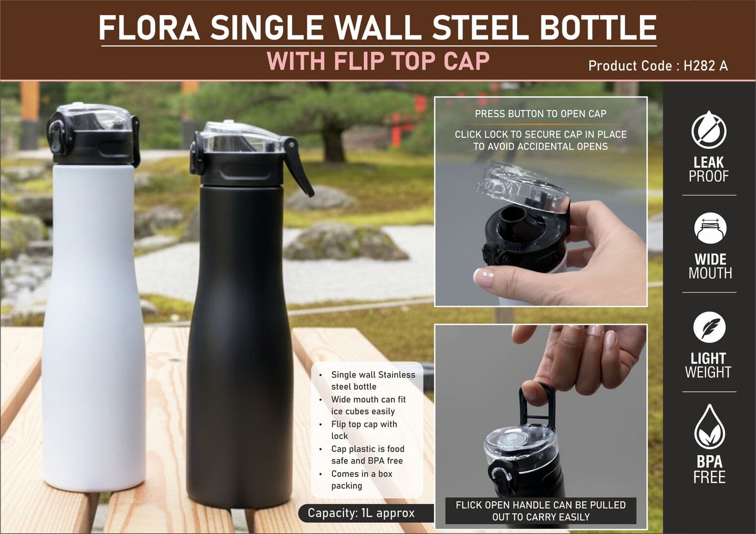 Flora Steel single wall bottle Colored with Flip top Cap