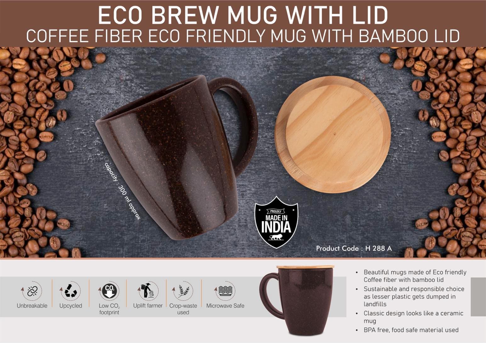 EcoBrew Mug with Lid : Coffee Fiber Eco Friendly Mug with Bamboo Lid