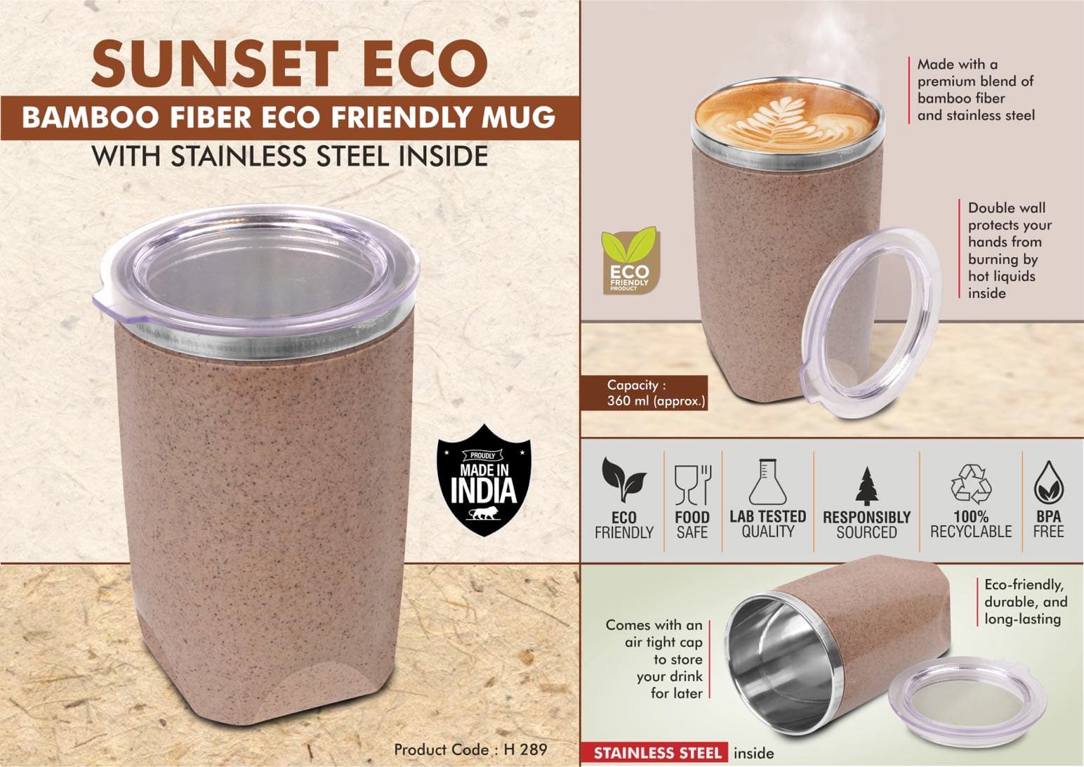 Sunset Eco: Bamboo Fiber Eco Friendly steel Mug with Stainless Steel Inside