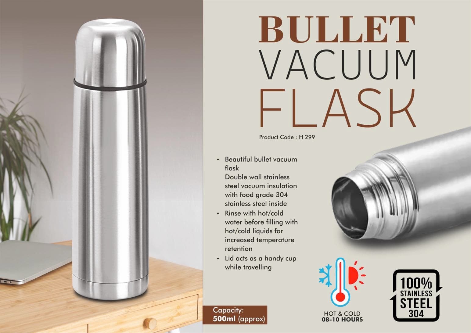 Bullet vacuum flask with Cap