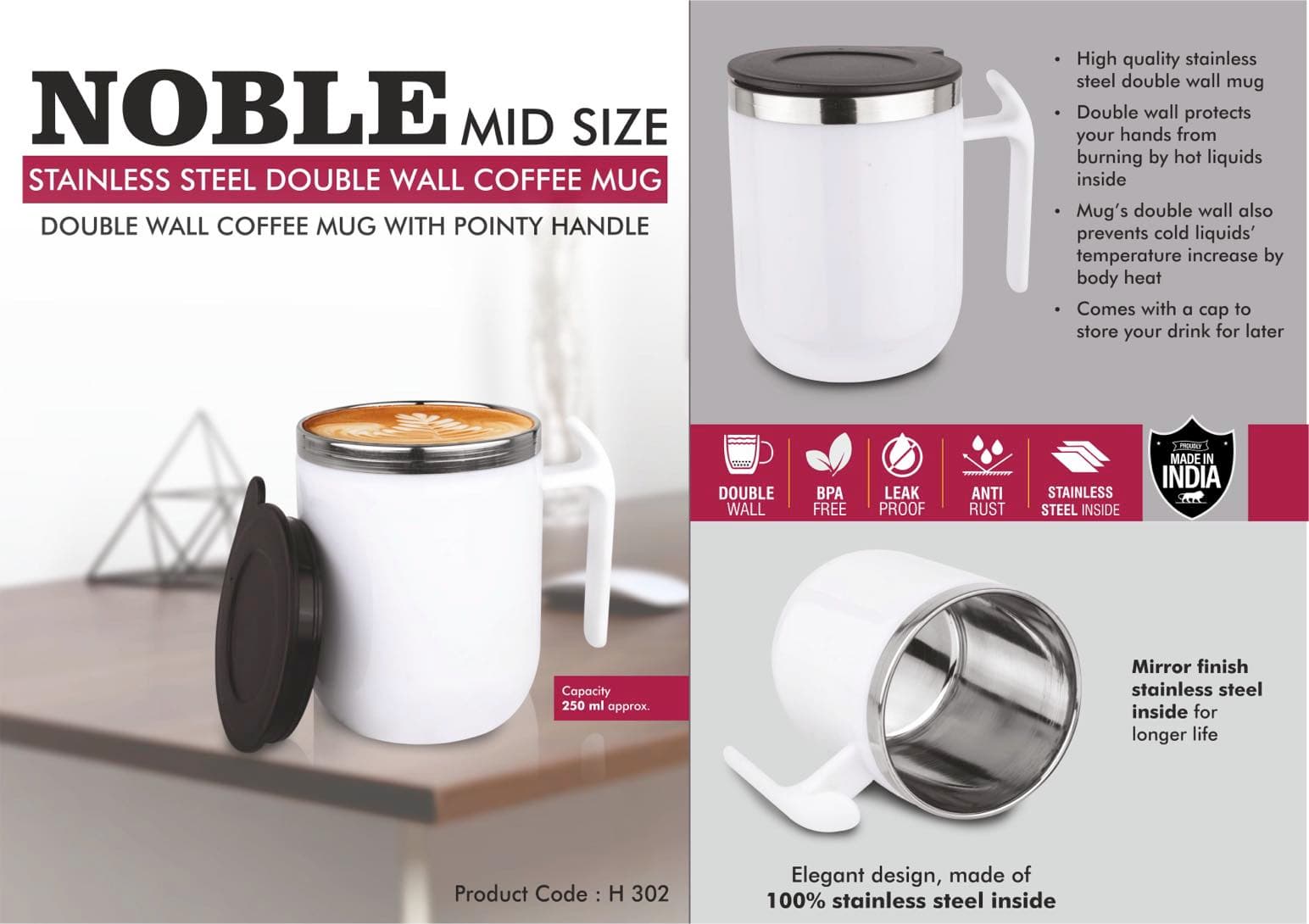 Noble: Mid Size Stainless Steel Double wall Coffee mug with Pointy handle