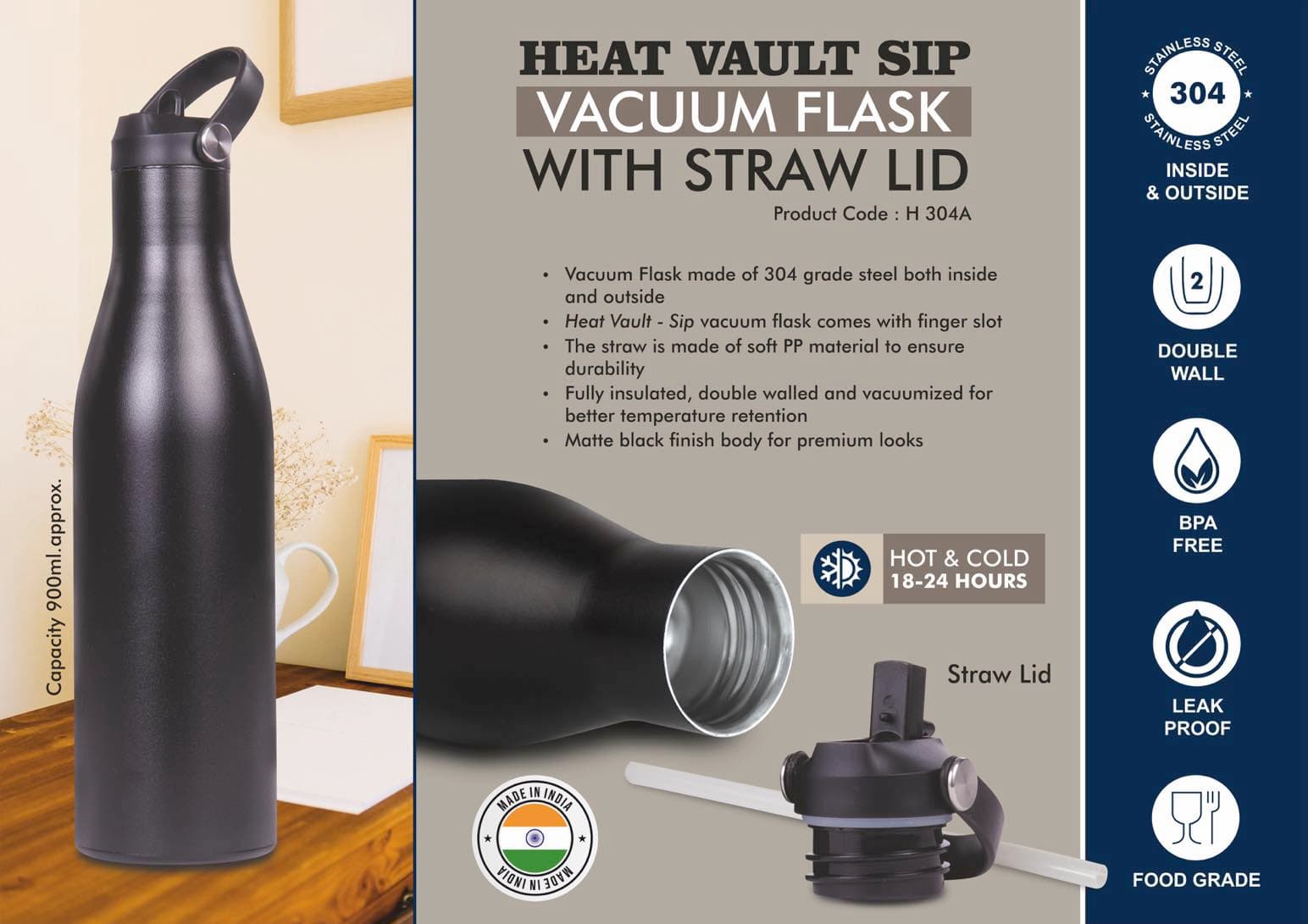 HeatVault Sip: 900 ml vacuum flask with Straw lid