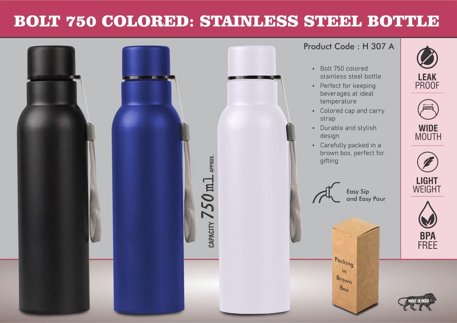 Bolt 750 Colored: Stainless steel single wall bottle