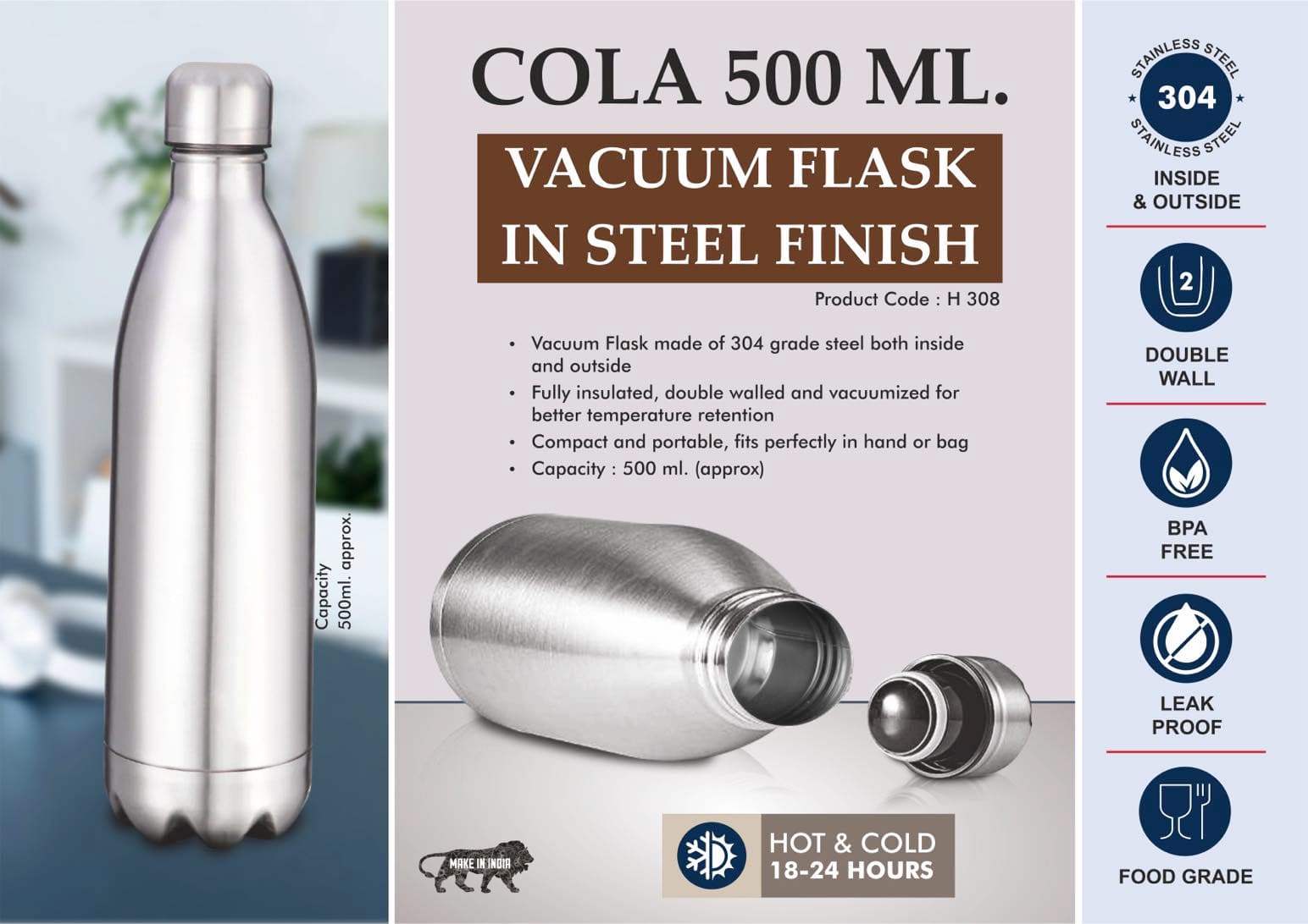 Cola 500 ml Vacuum flask in Steel Finish