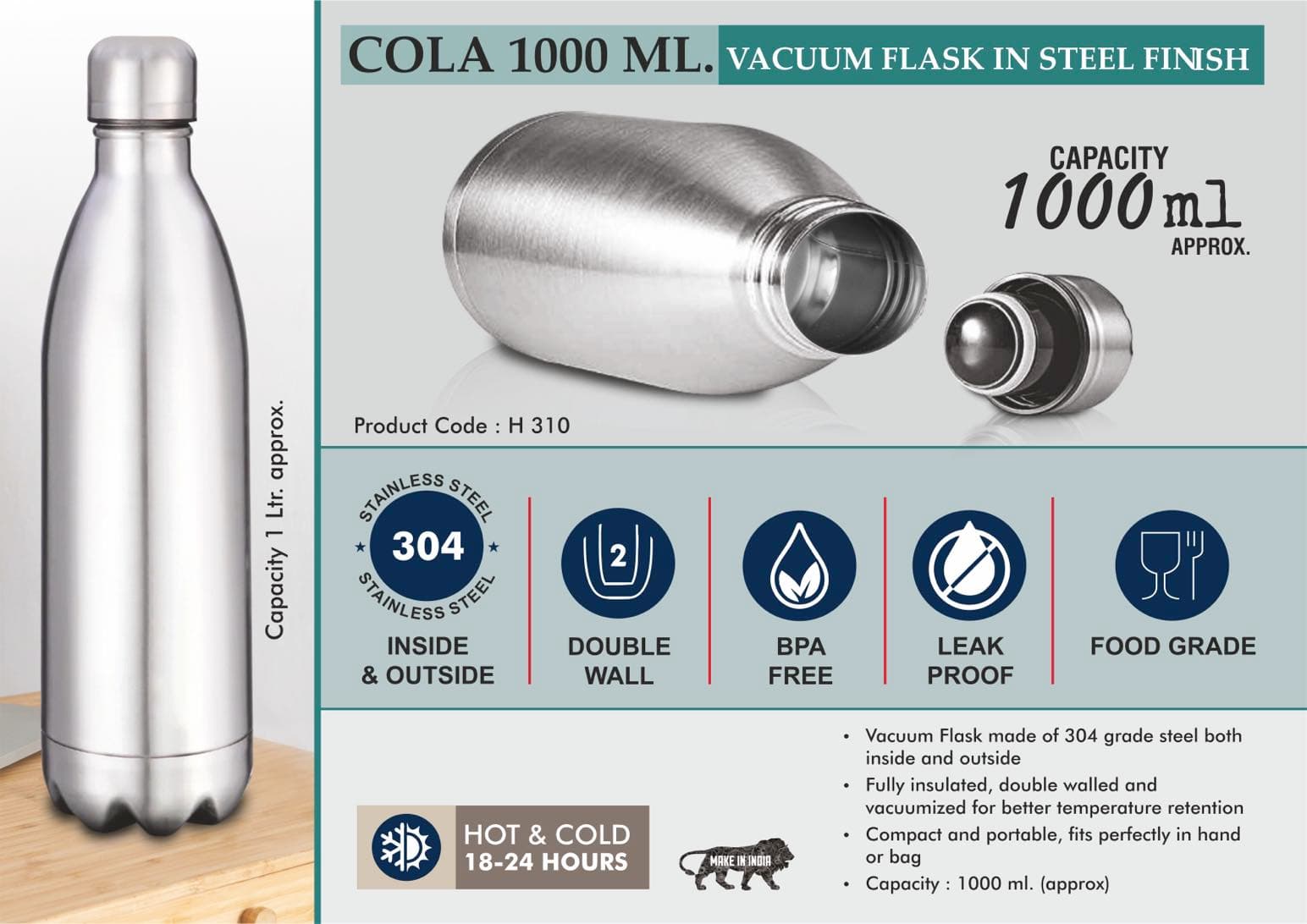 Cola 1000 ml Vacuum flask in Steel Finish