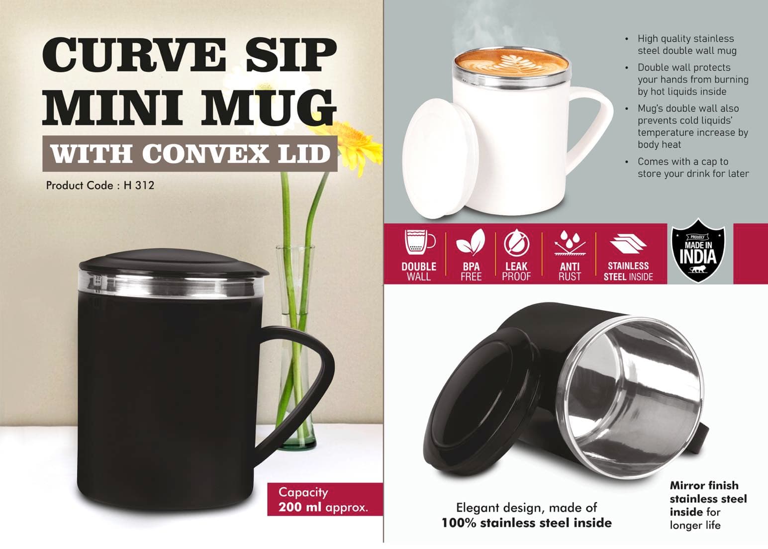 CurveSip Mini Steel mug with Convex Lid