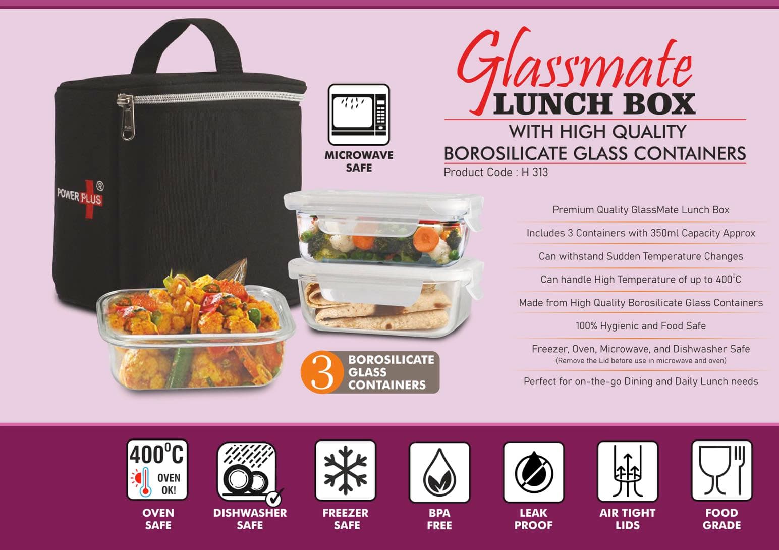 GlassMate Lunch Box: Lunch box with High quality borosilicate glass Containers