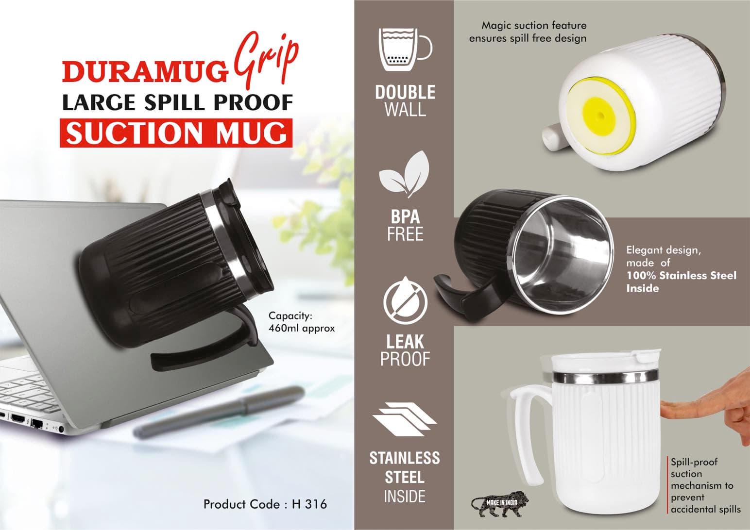 DuraMug Grip: Large Spill Proof Suction steel mug with Flip Top Lid