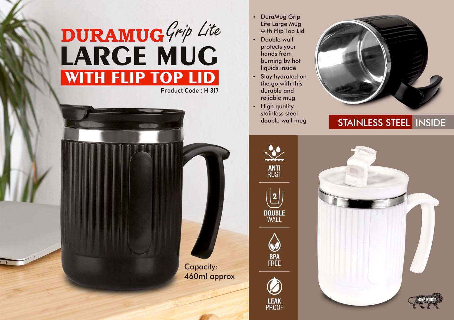 DuraMug Grip Lite: Large steel mug with Flip Top Lid