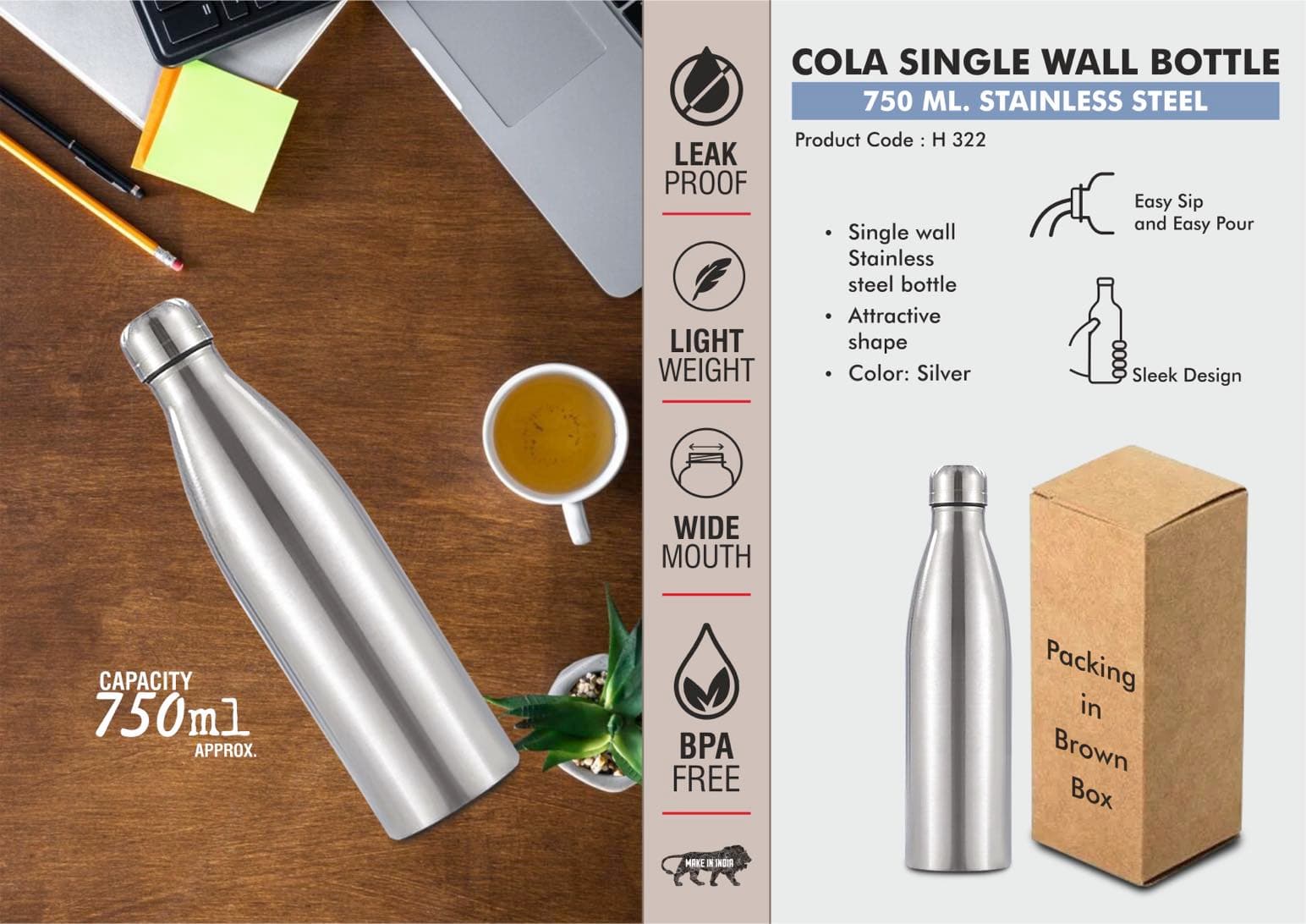 Cola Single Wall Steel bottle 750ml : Natural