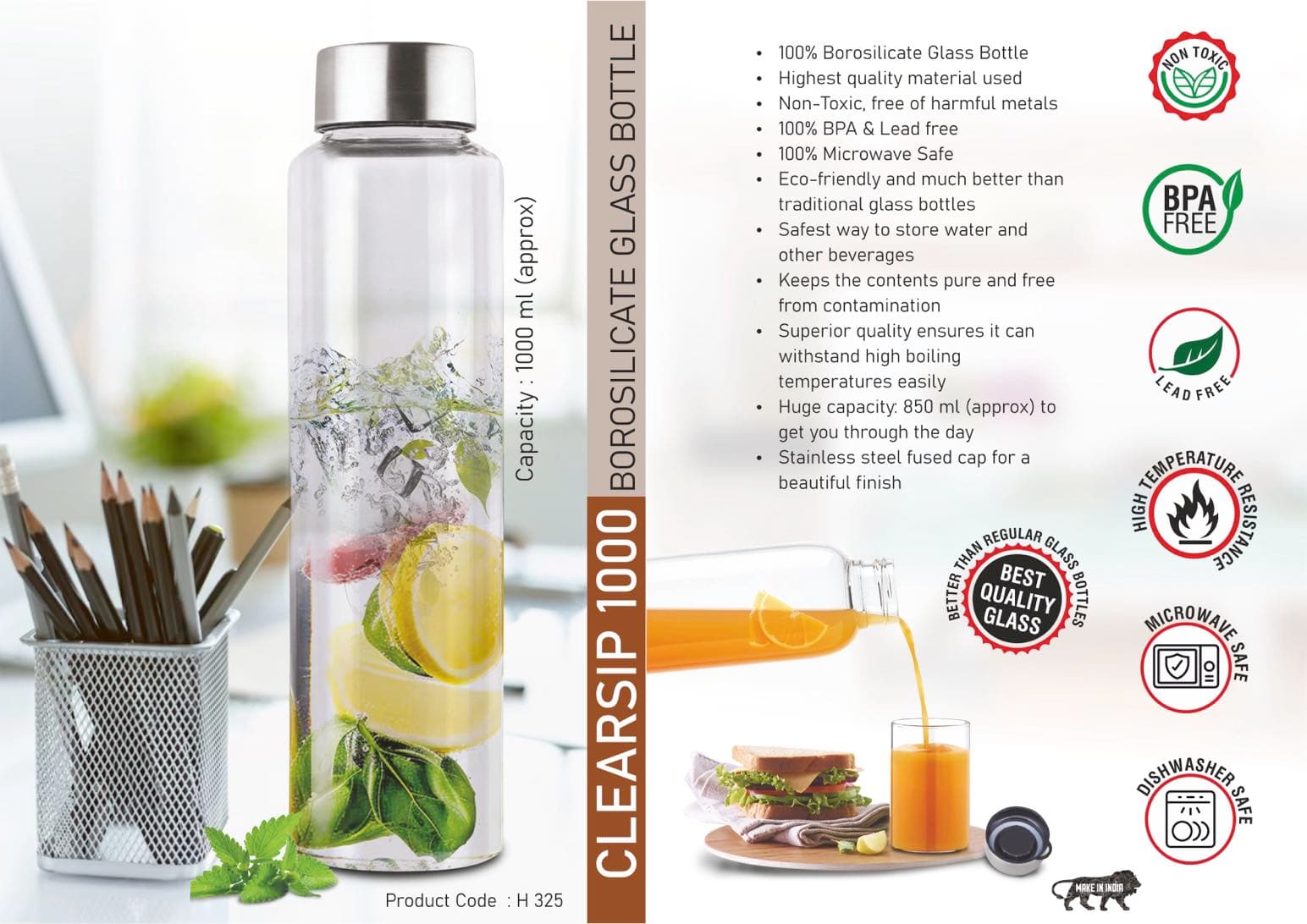 ClearSip 1000: Borosilicate Glass Bottle with Steel cap