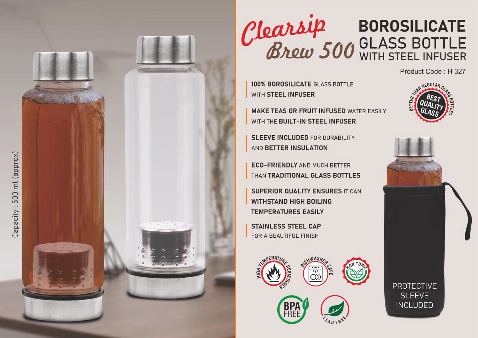 ClearSip Brew 500: Borosilicate Glass Bottle with Steel Infuser