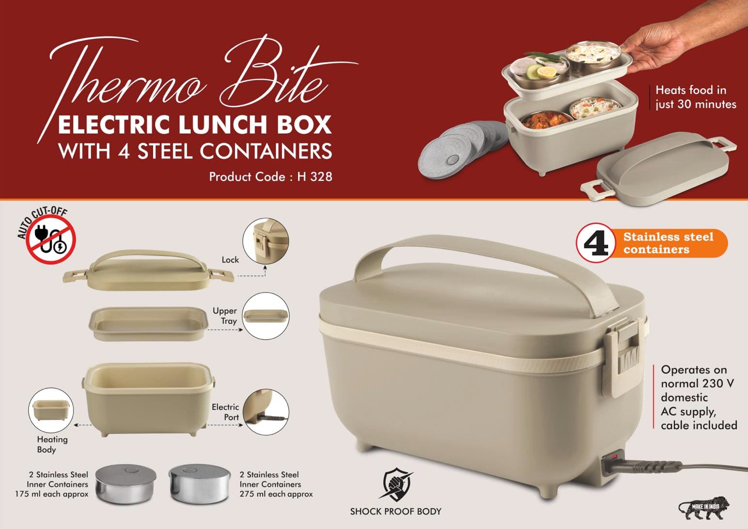 ThermoBite: Electric Lunch Box with 4 Steel Containers