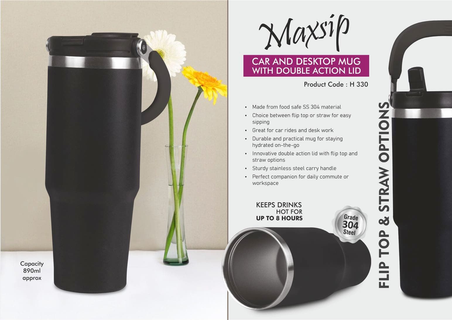 MaxSip: Car and Desktop Vacuumized Mug with Double action Lid