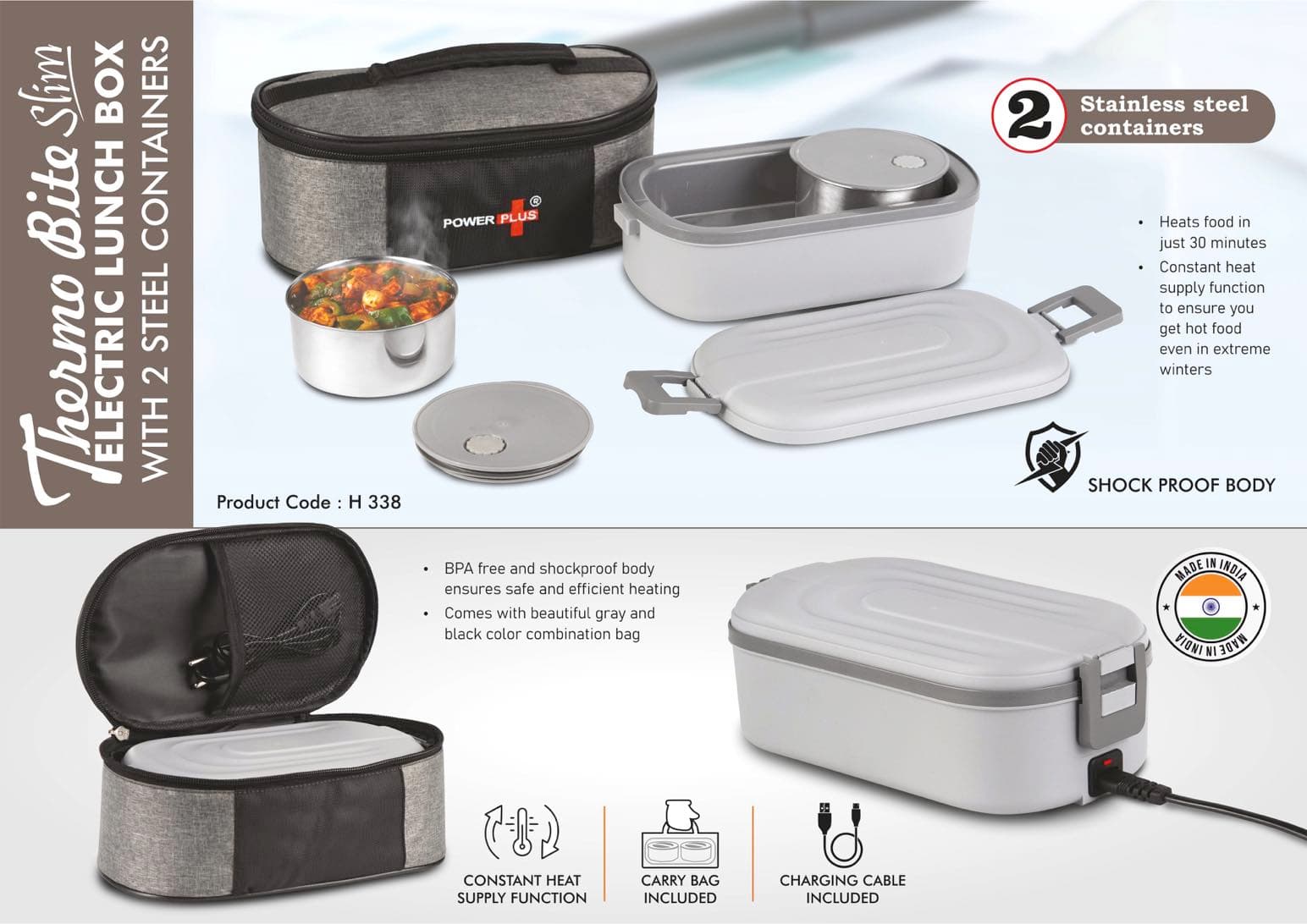 ThermoBite Slim: Electric Lunch Box with 2 Steel Containers