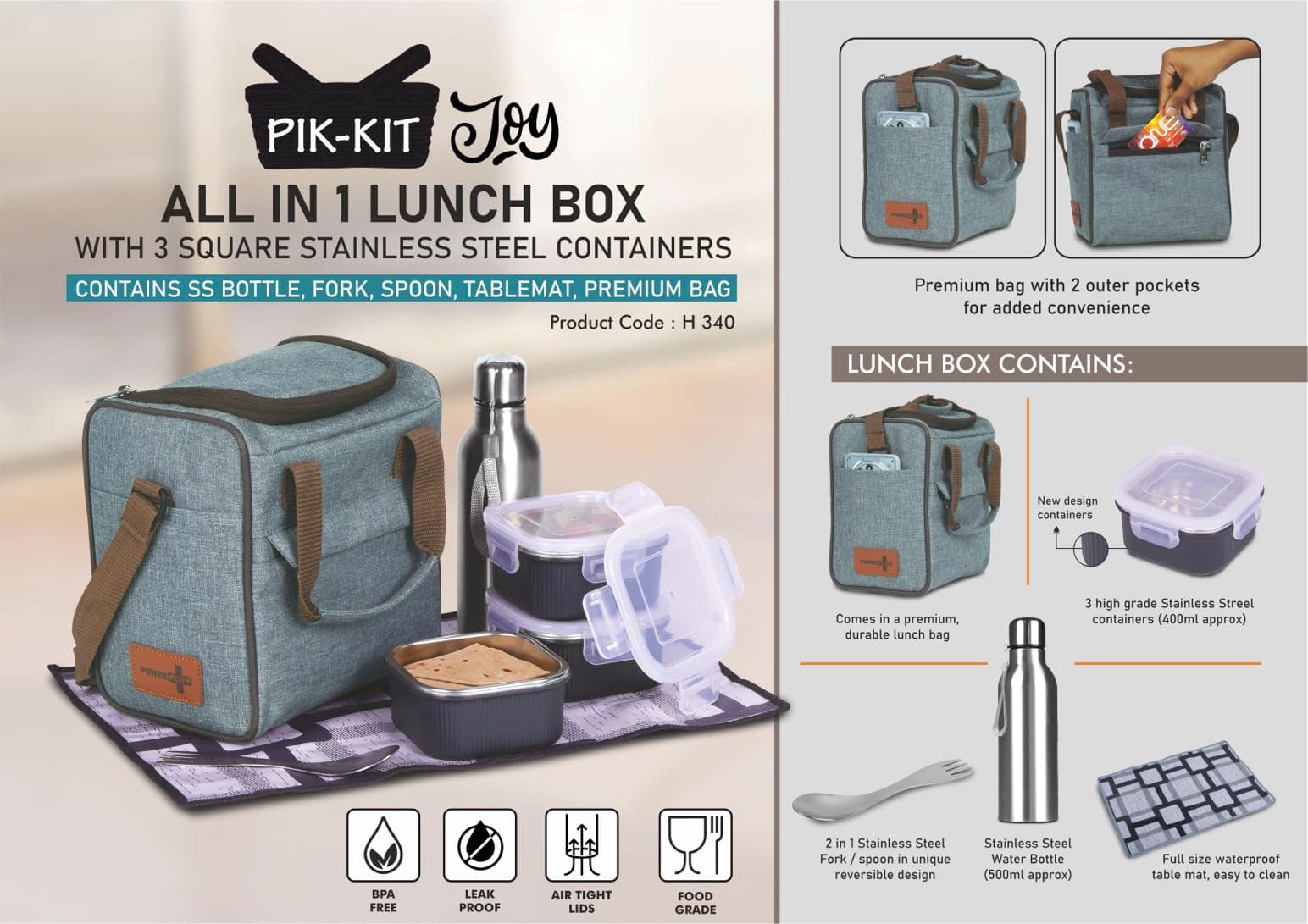 PIK-KIT Joy: All in 1 Lunch box with 3 Square Stainless Steel containers with striped design