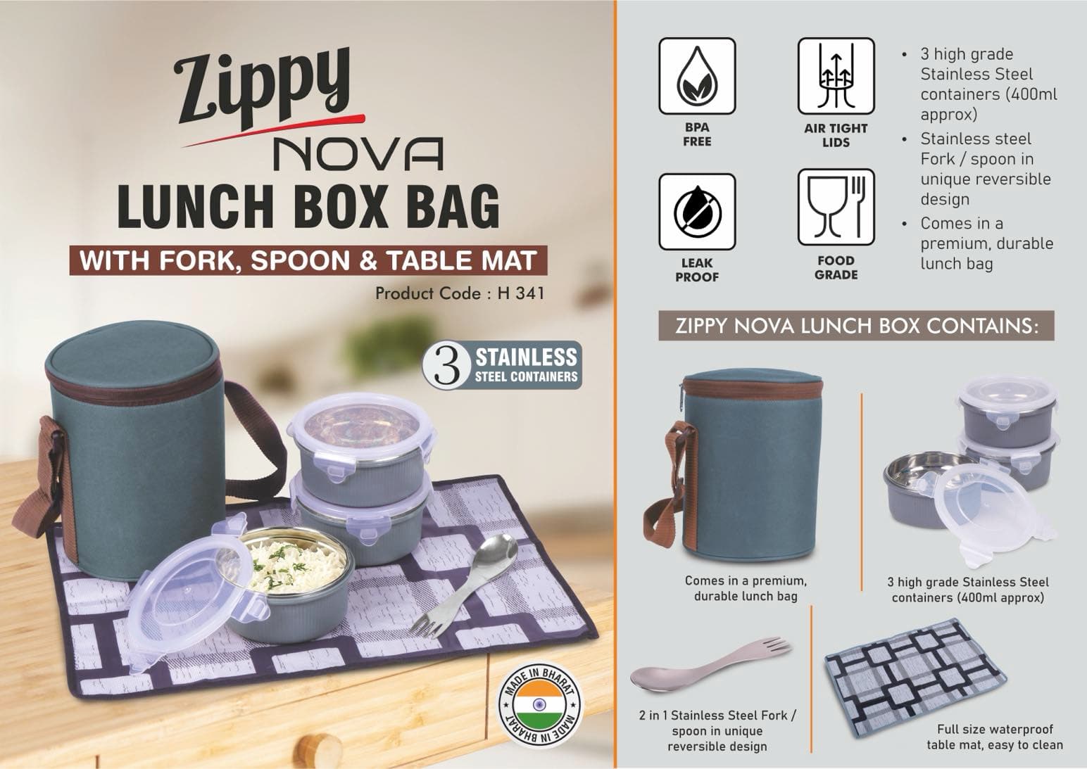 Zippy Nova: Lunch box bag with 3 Stainless steel containers, Fork, Spoon, Tablemat