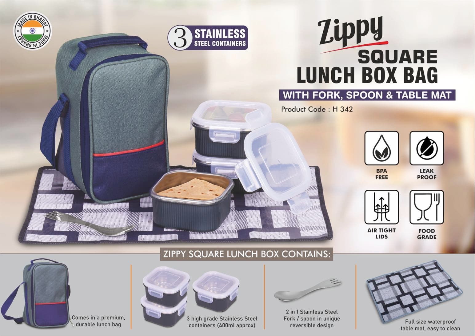 Zippy Square: Lunch box bag with 3 Square Stainless steel containers with striped design, Fork, Spoon, Tablemat