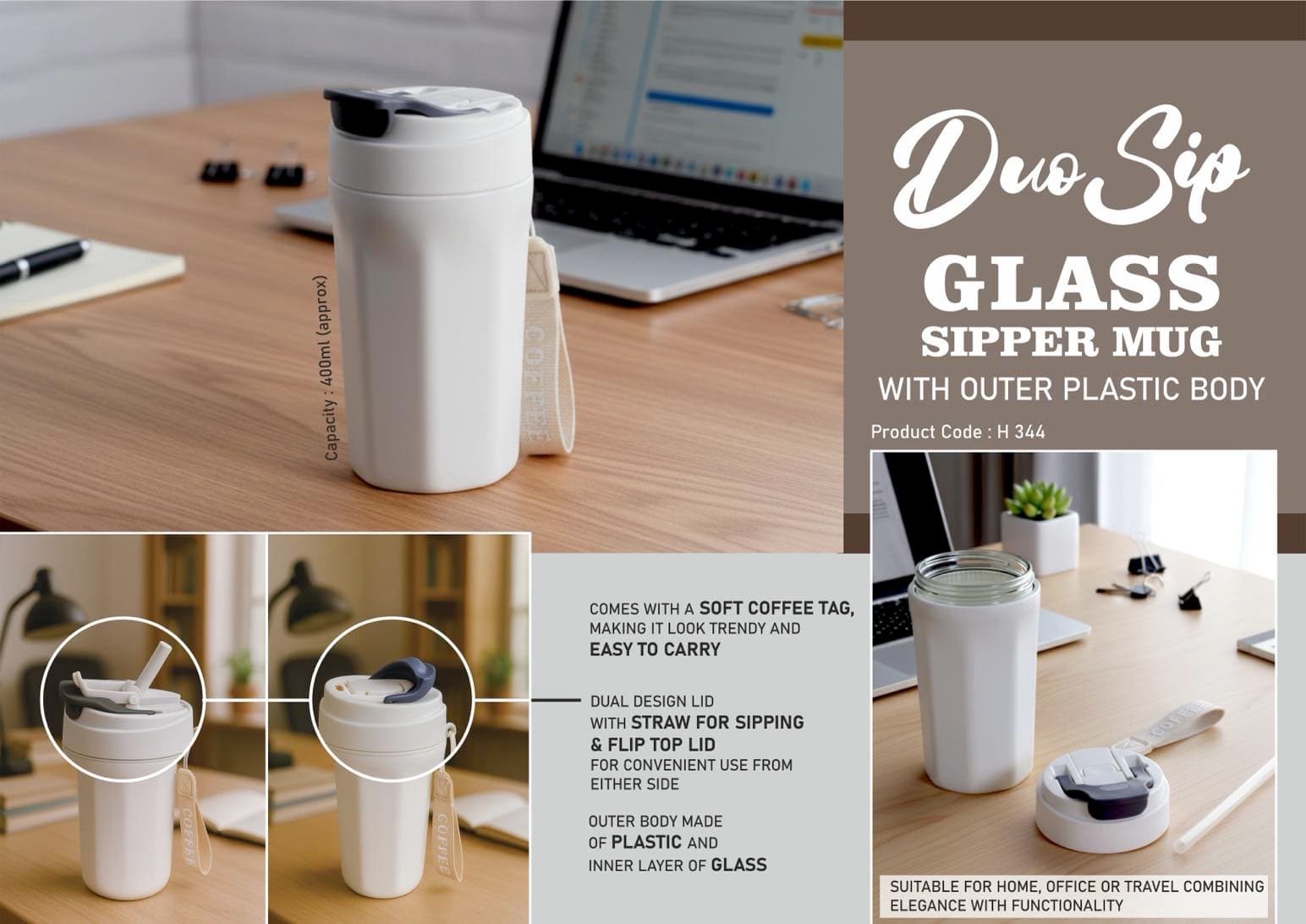 DuoSip: Glass sipper mug with outer Plastic body