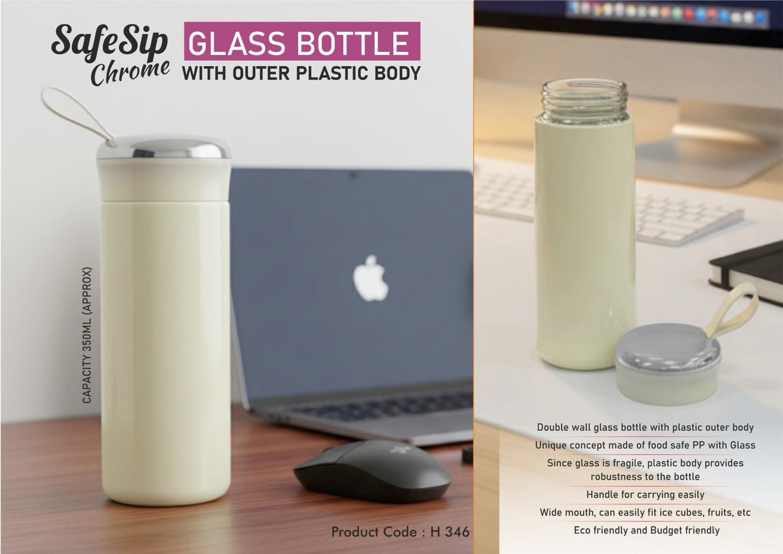 SafeSip Chrome: Glass bottle with outer plastic body and shiny chrome cap