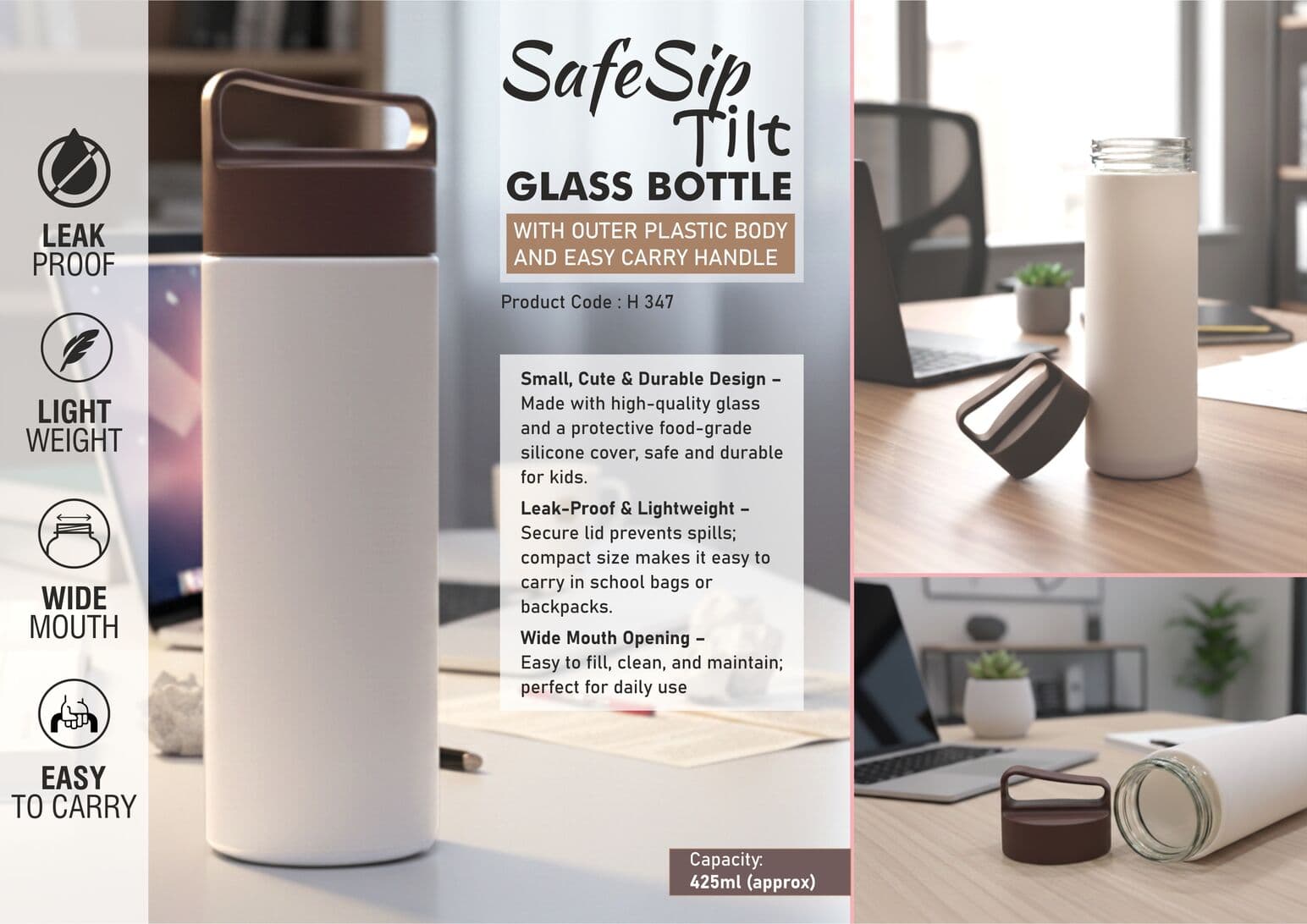 SafeSip Tilt: Glass bottle with outer plastic body and Easy carry handle
