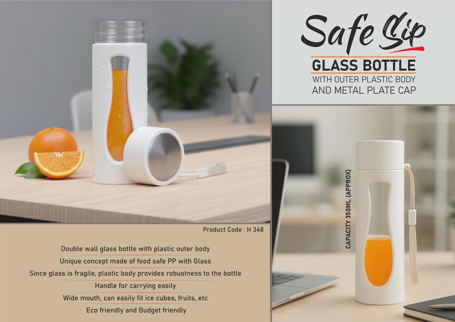 SafeSip: Glass bottle with outer plastic body and metal plate cap