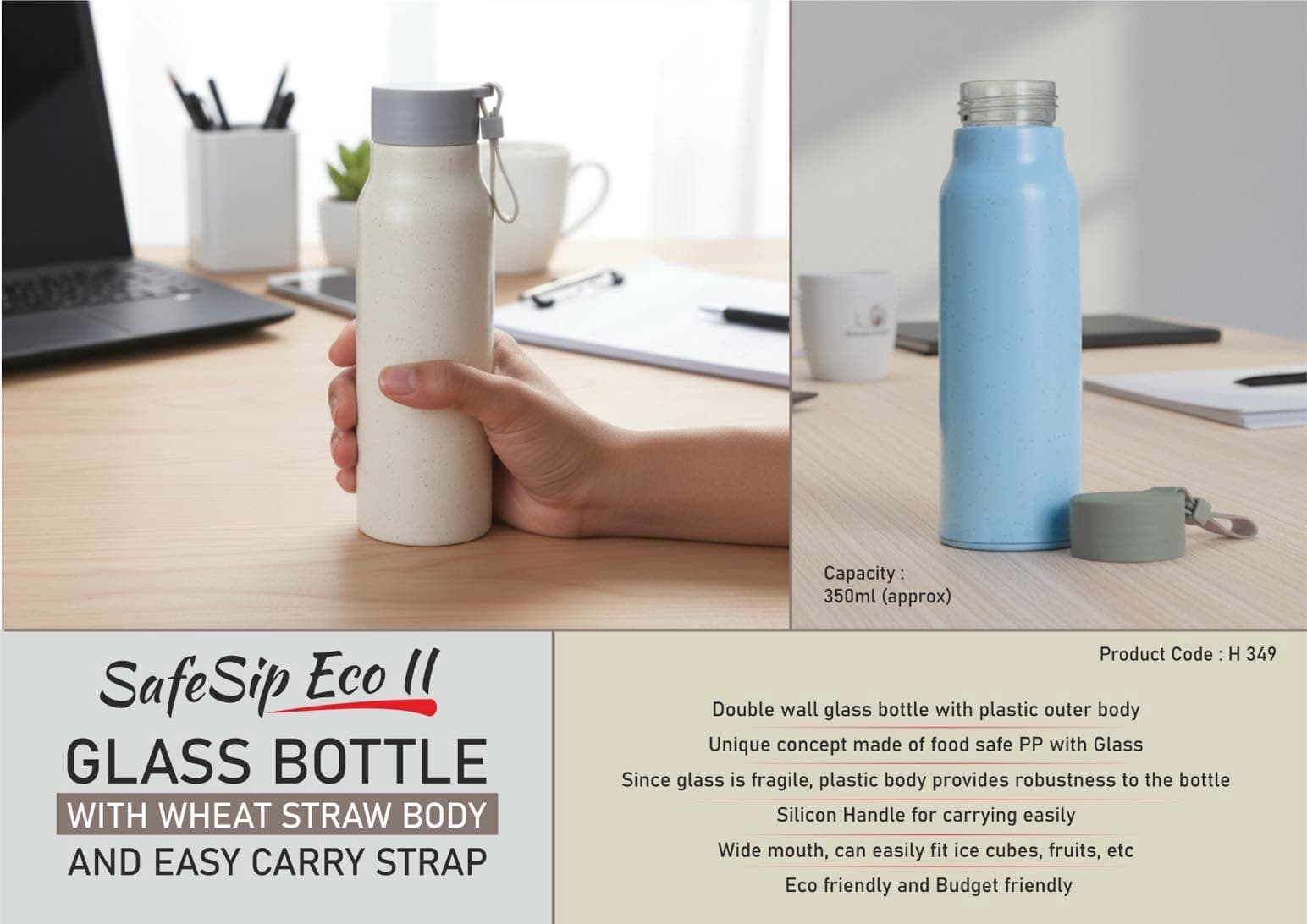SafeSip Eco II: Glass bottle with wheat straw body and Easy carry strap