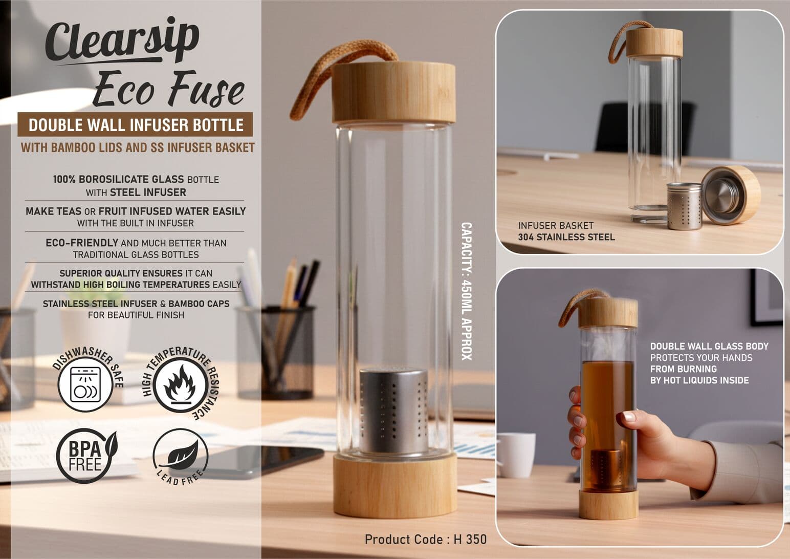 ClearSip EcoFuse: Double wall Borosilicate Infuser Glass bottle with Bamboo lids and SS infuser basket
