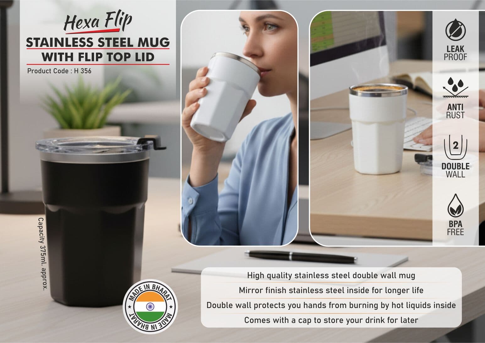 Hexa Flip: Stainless Steel Mug with Flip Top Lid