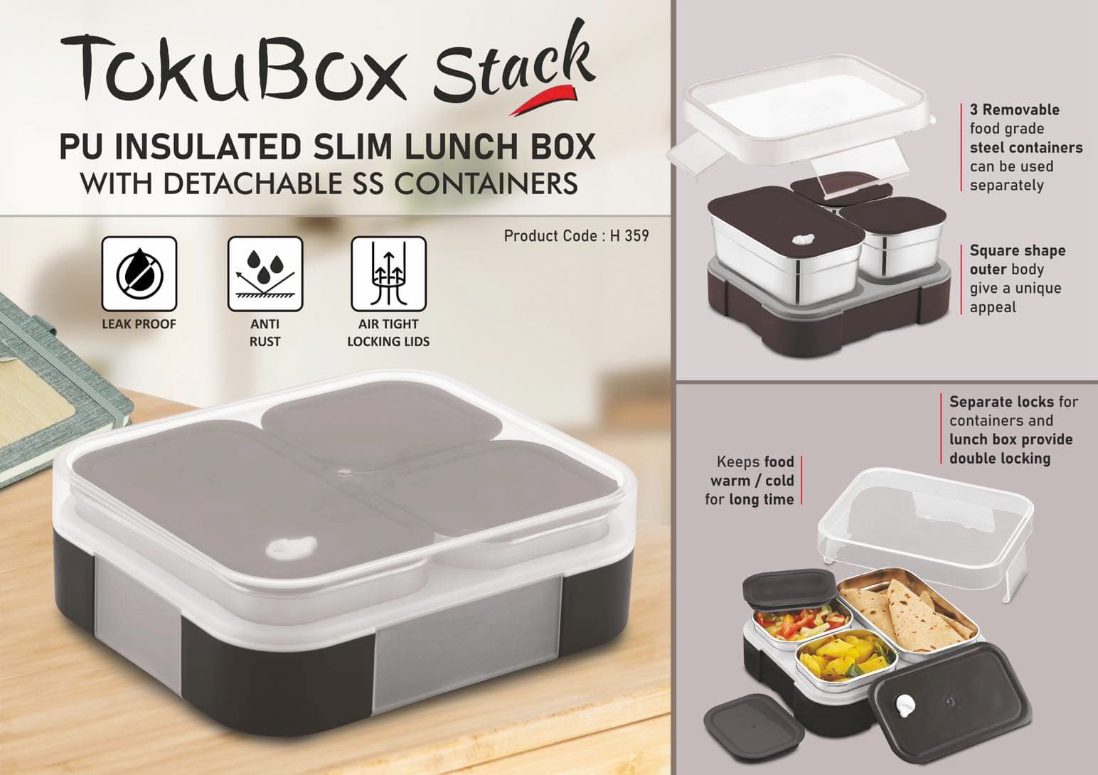 TokuBox Stack: Slim Lunch box with Detachable SS containers