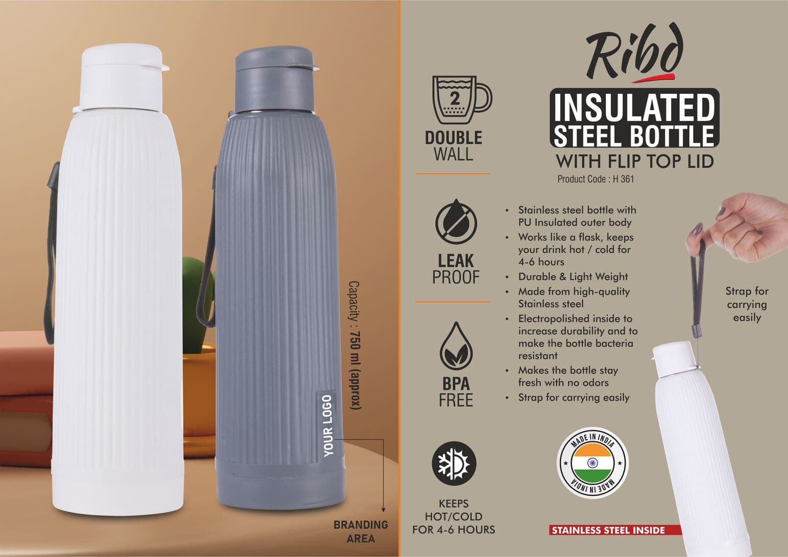 Ribd : Insulated Steel Bottle with flip top lid