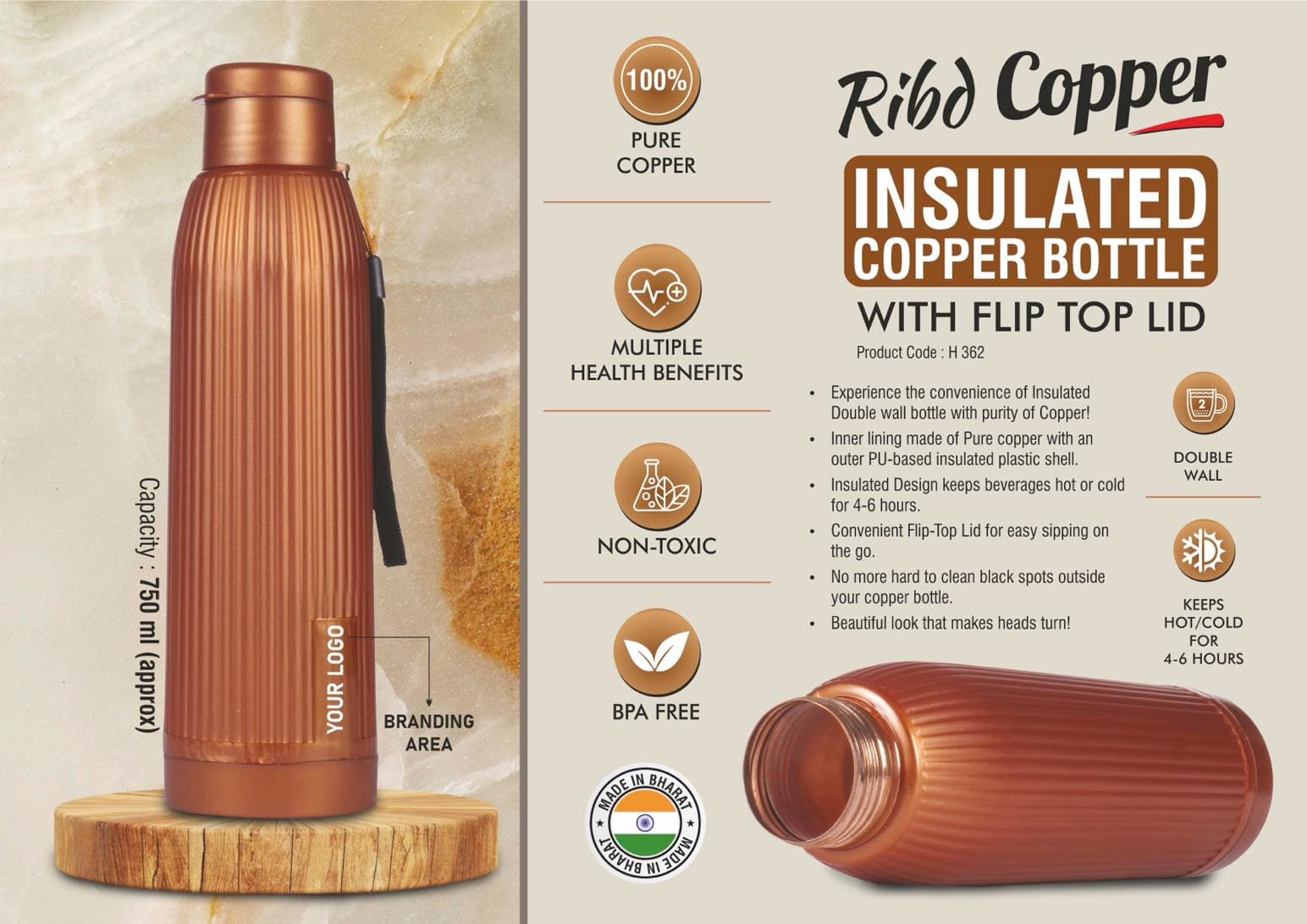 Ribd Copper : Insulated Copper Bottle with flip top lid