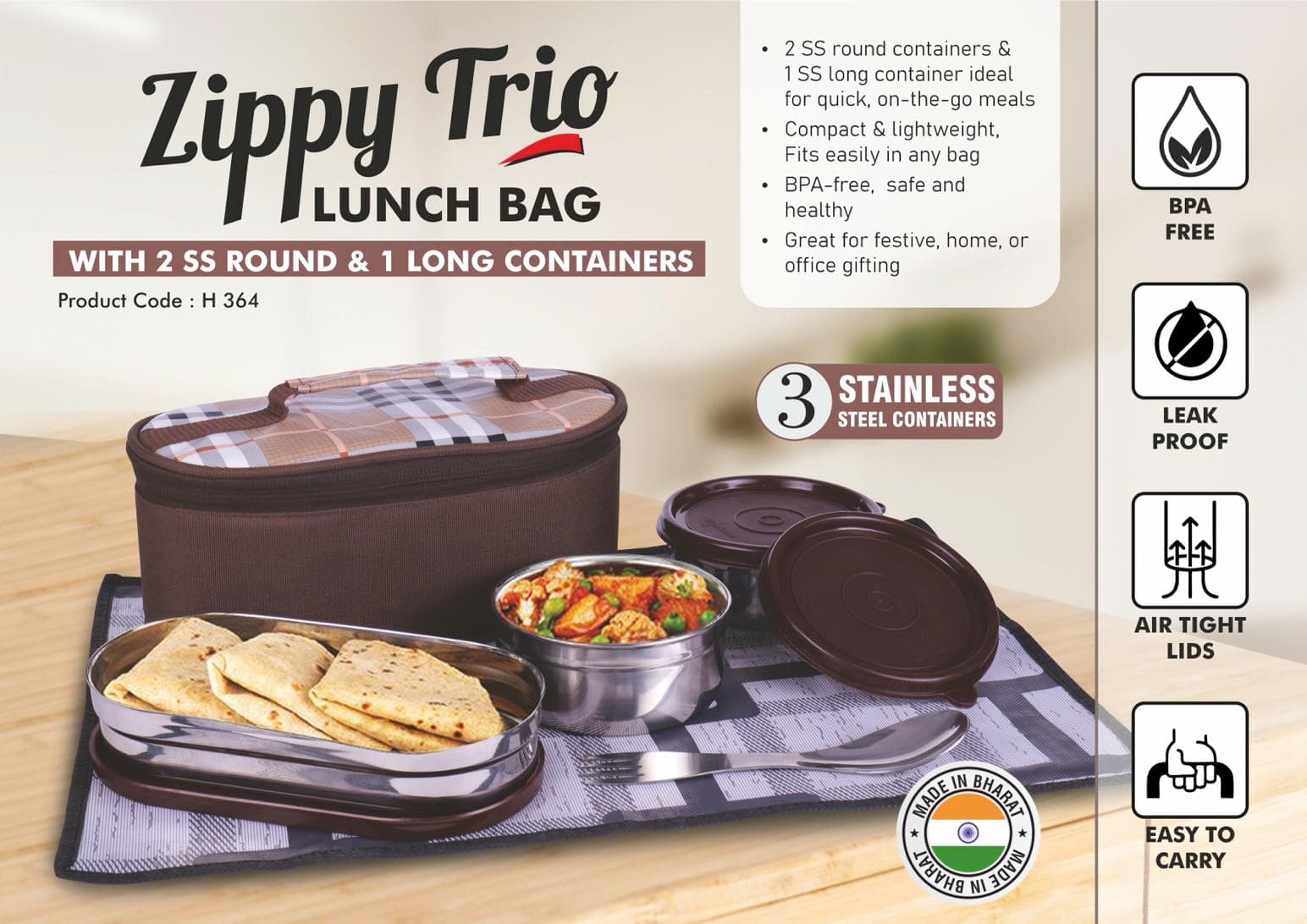Zippy Trio: Lunch bag with 2 SS round containers, 1 SS long container, Spoon, Fork and Tablemat