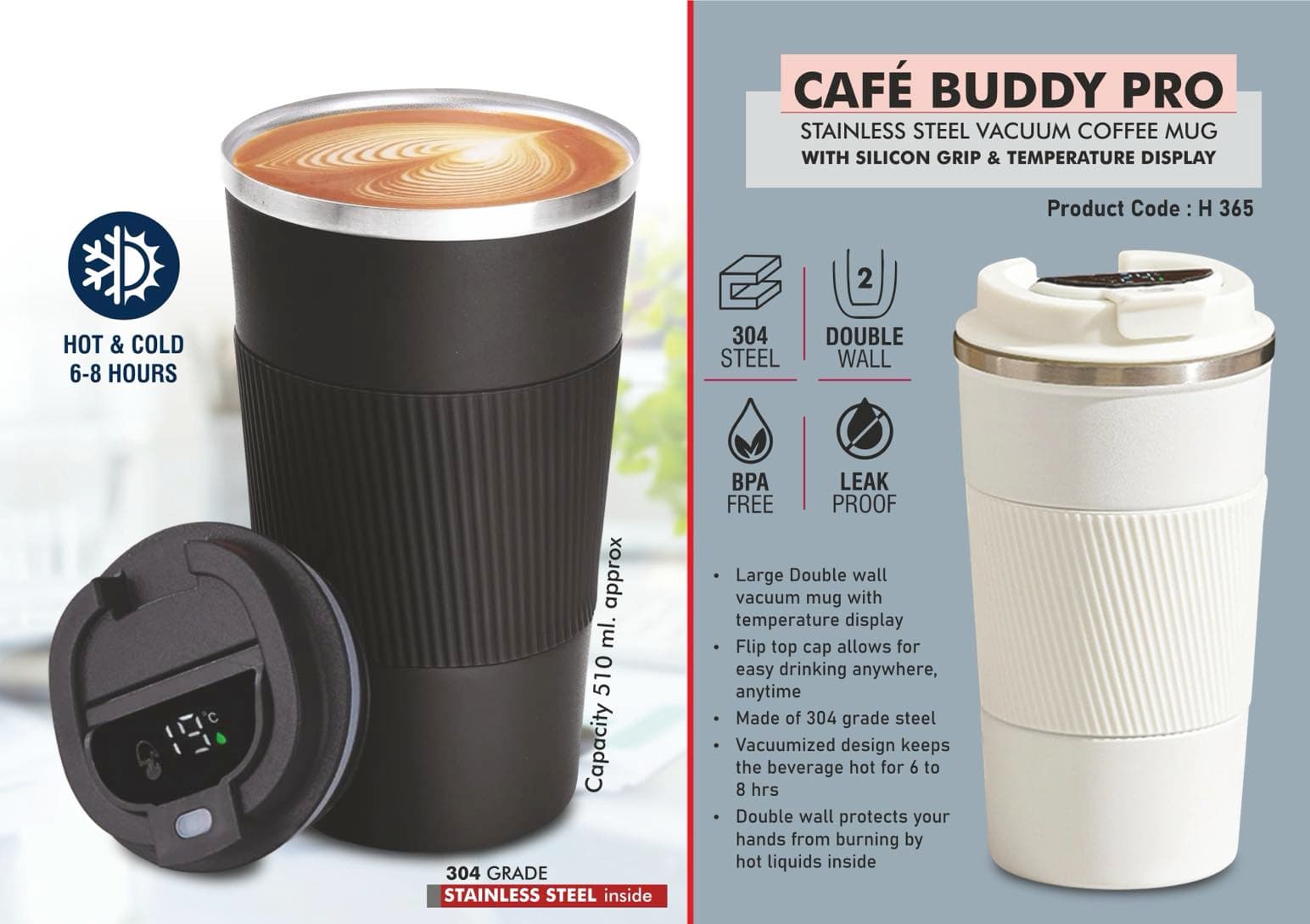 Cafe Buddy Pro: Stainless Steel Vacuum coffee mug with Silicon Grip & Temperature Display