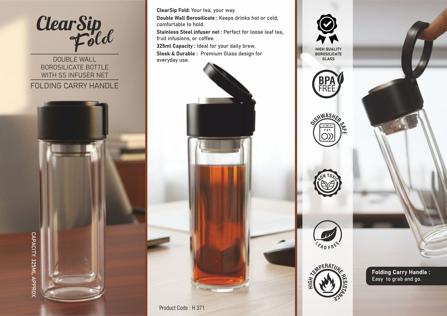 ClearSip Fold: Double wall Borosilicate Glass bottle with SS infuser Net