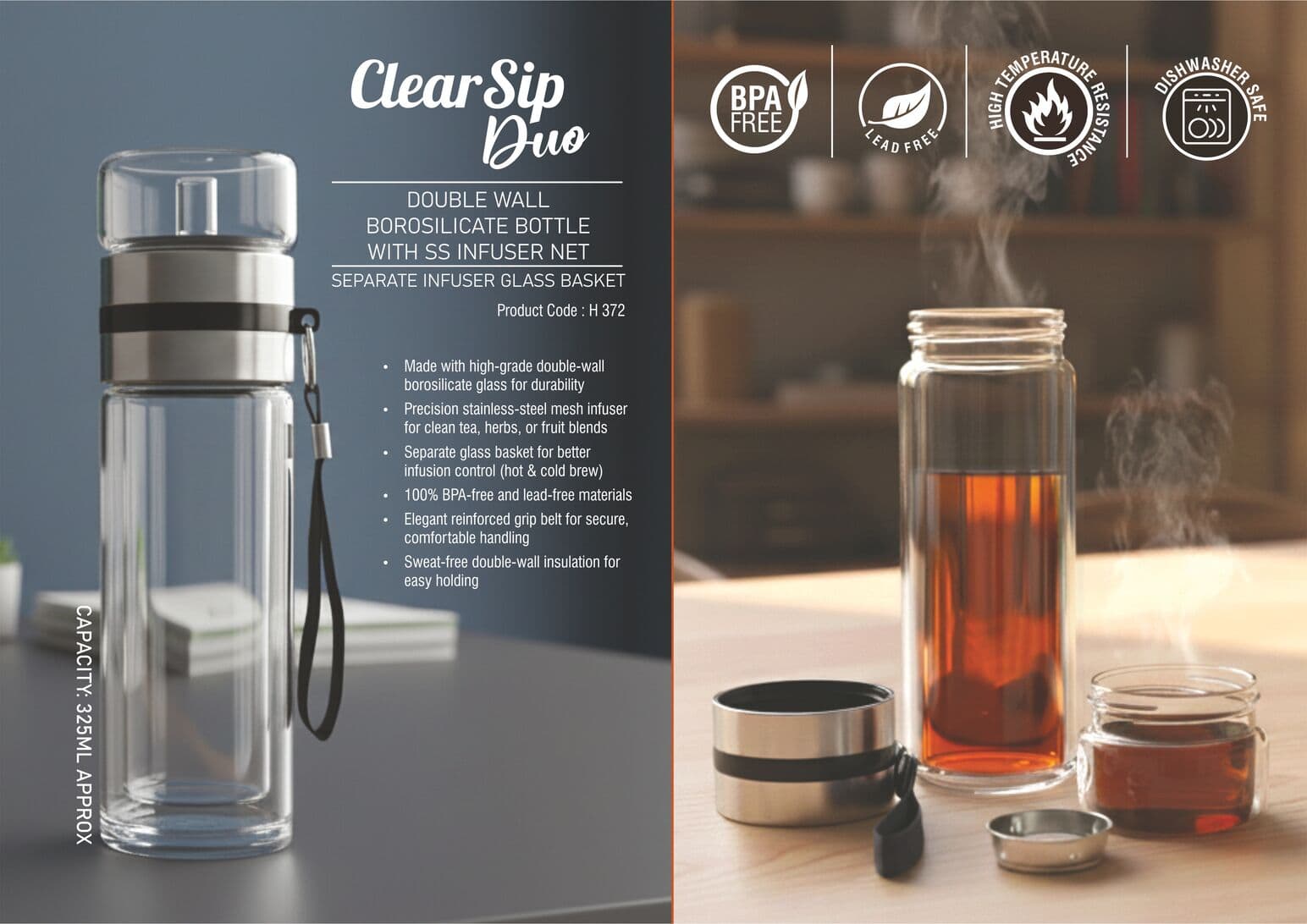 ClearSip Duo: Double wall Borosilicate Infuser Glass bottle with SS infuser net